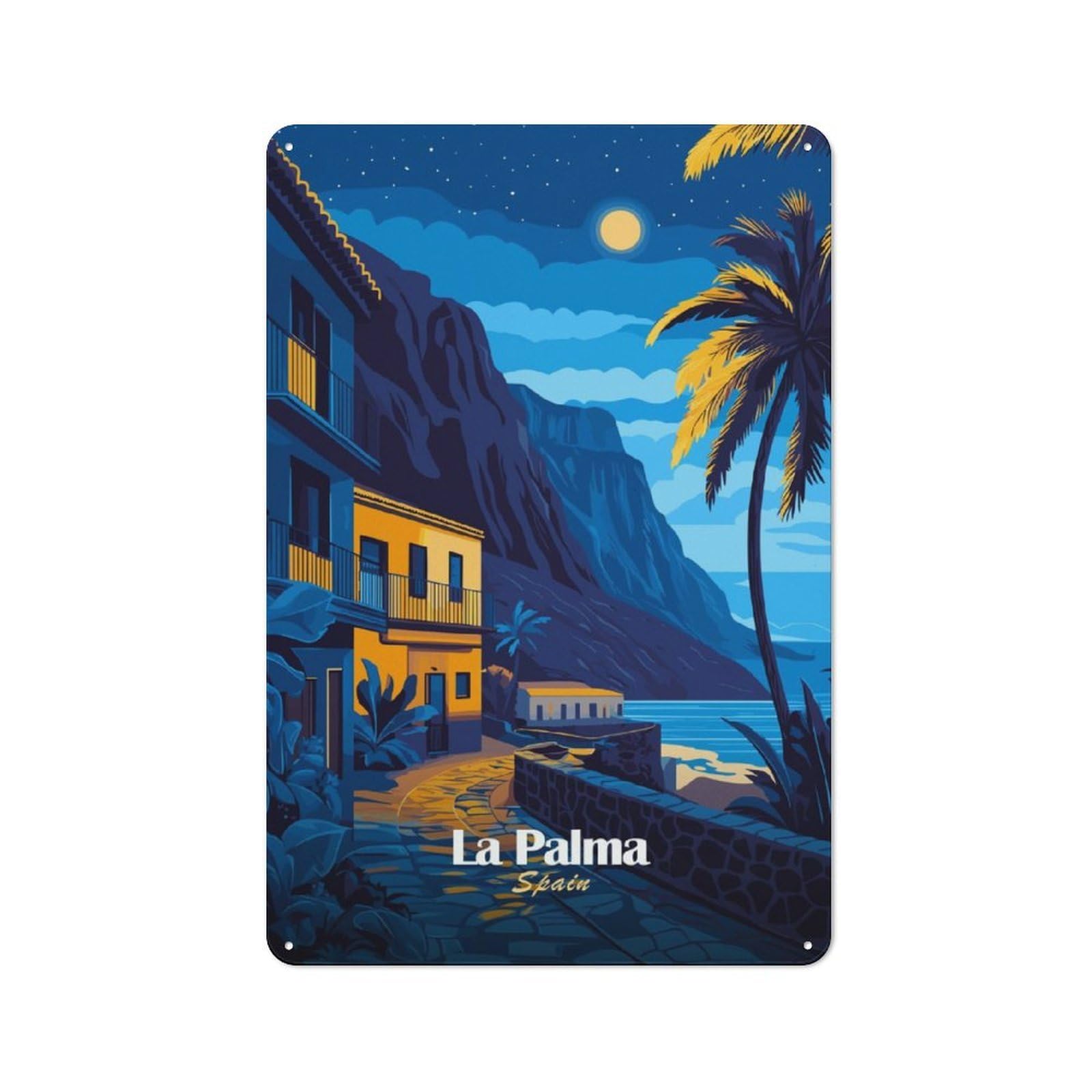 Junmoney La Palma Night Scene Tin Sign 30X20cm With For Workshop Wall, Rustic Decor, Autumn Room Decor For Fans Of Metal Wall Signs