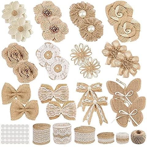 GUIFIER 30PCS Burlap Hessian Flowers Set, Include 24 Burlap Flowers and Bowknots, 5 Lace Burlap Ribbon Rolls,1 Twine Ribbon and Glue Point for Wedding Party Decor Home Embellishment DIY Crafts Cover