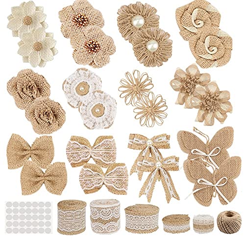 GUIFIER 30PCS Burlap Hessian Flowers Set, Include 24 Burlap Flowers and Bowknots, 5 Lace Burlap Ribbon Rolls,1 Twine Ribbon and Glue Point for Wedding Party Decor Home Embellishment DIY Crafts