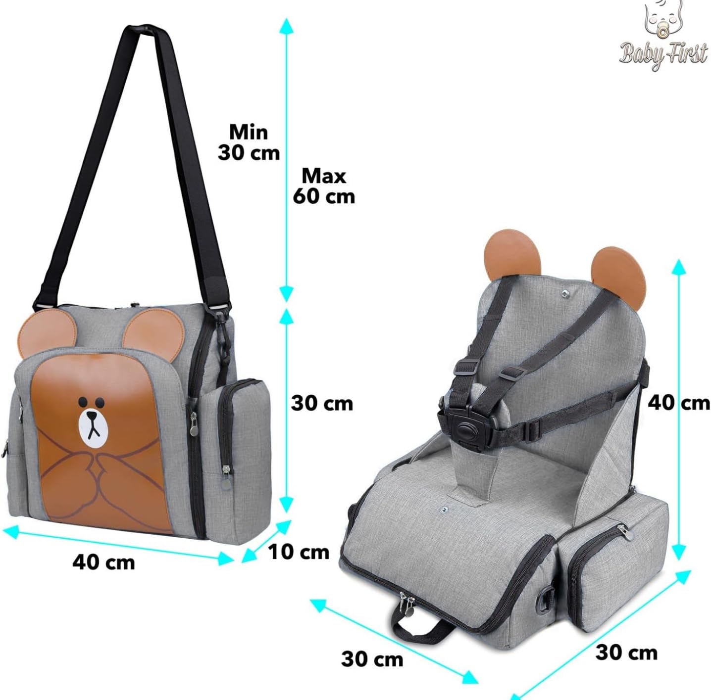Rehausseur Chaise Enfant 4en1, Sac De Poussette- Sac à Dos Multi-Fonctions Pour Maman- Chaise Haute Bebe De Voyage, Portable, Matelas a Langer, Tissu Eco-Oxford Waterproof®