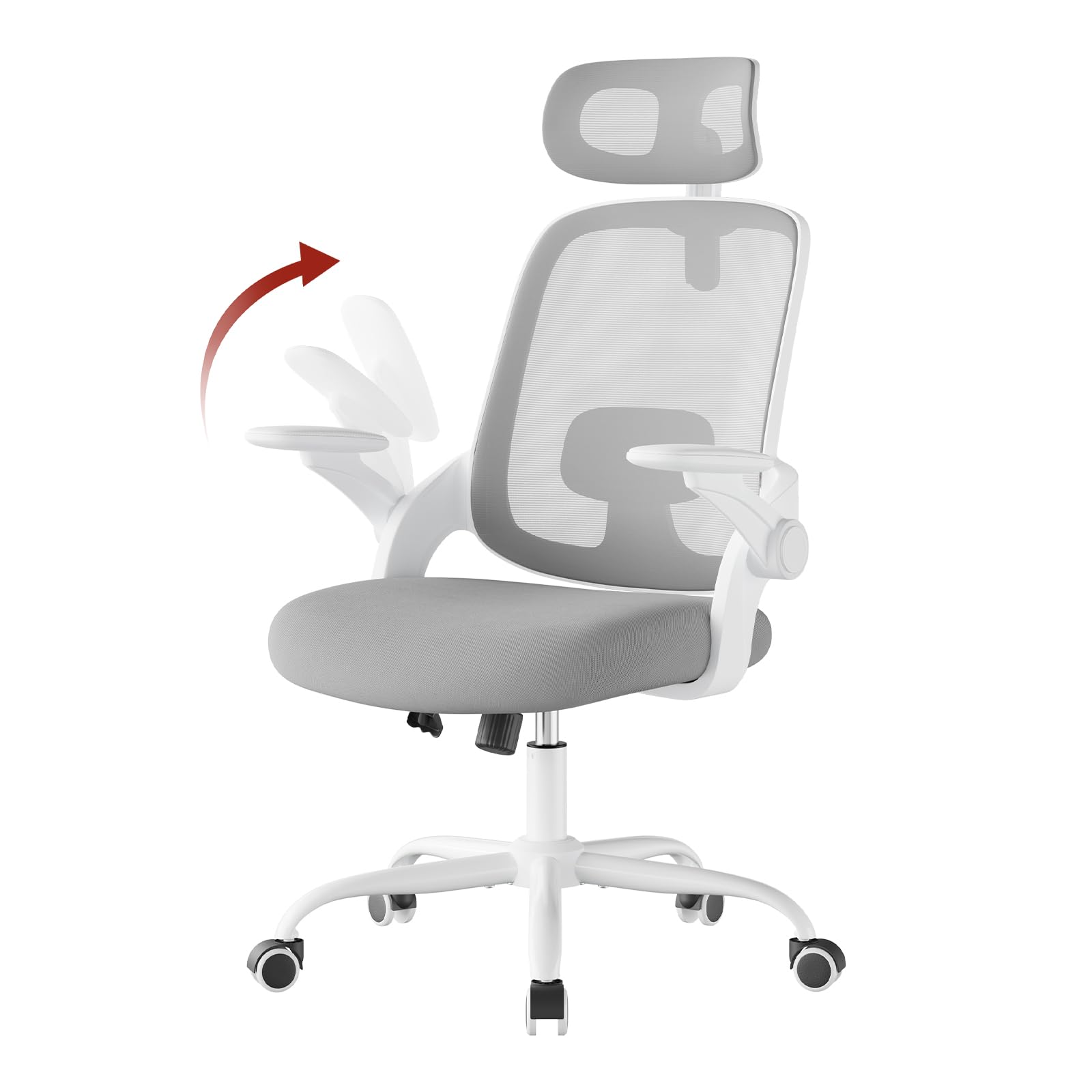 WOLTU Sedia Ufficio Ergonomica con Poggiatesta e Braccioli Regolabili, Supporto Lombare, Poltrona Scrivania Girevole in Rete Traspirante Funzione Dondolo, Grigio Chiaro