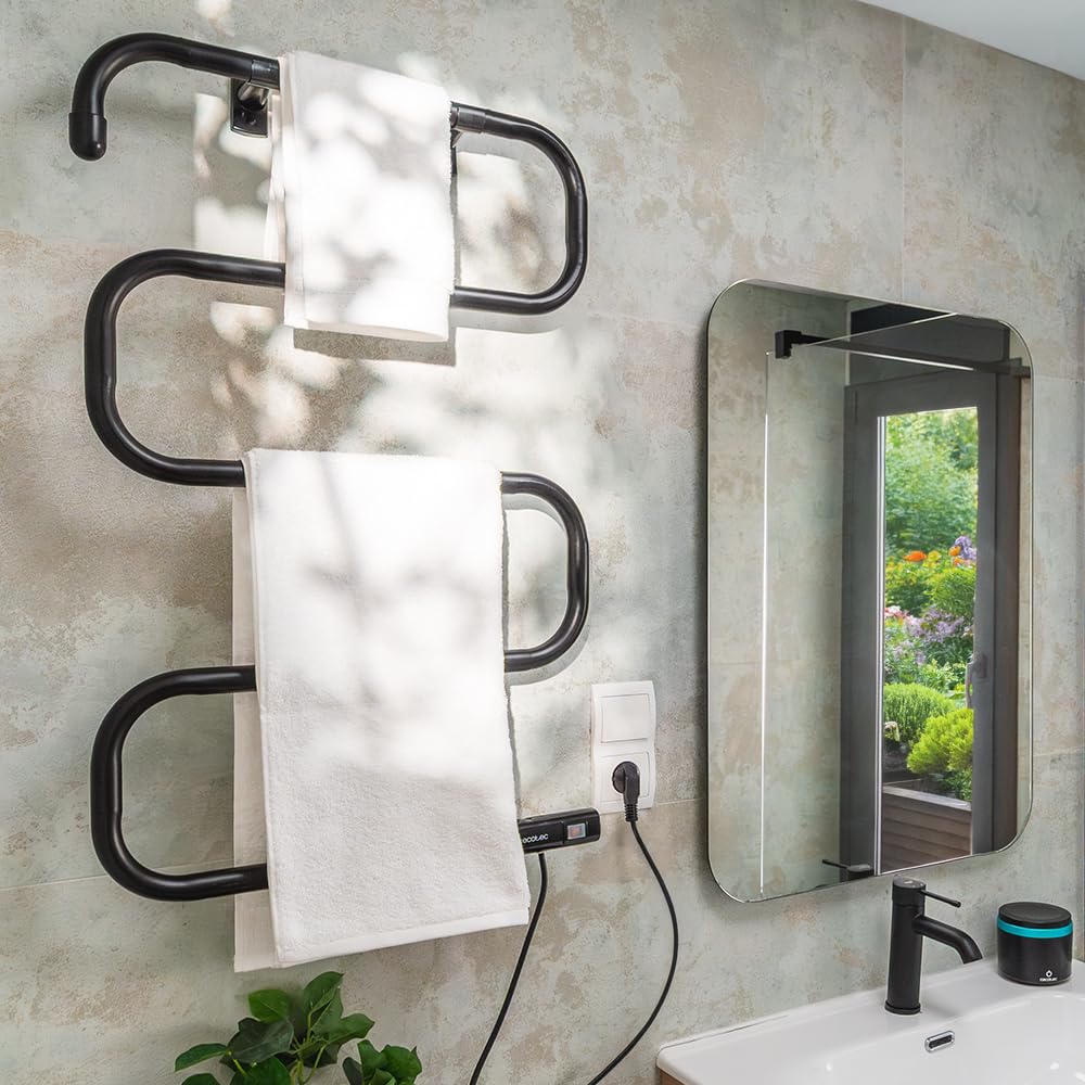 Cecotec Toallero Eléctrico -Bajo Consumo - ReadyWarm 5000 Towel Black. Seca Toallas 100W, Indicador de Luz, Sistemas de Seguridad, Protección IP24, Montaje en Suelo o Pared, Ideal para Baños