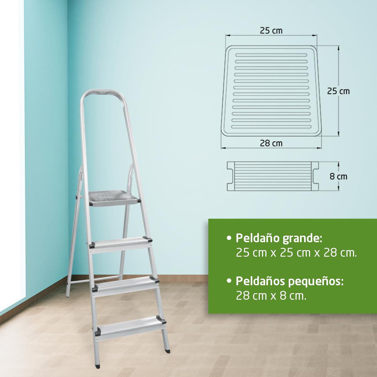 Amig - Escalera Plegable con 4 peldaños - Fabricado en Aluminio - Medida de Peldaños Pequeños: 28 cm x 8 cm - Medida de Peldaño Grande: 25 cm x 25 cm x 28 cm - Uso Doméstico - Carga Máxima: 150 kg