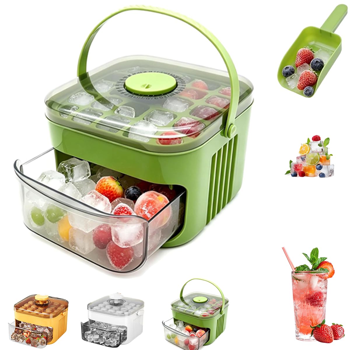 Tragbarer Eiswürfelbereiter mit Deckel, Portable Ice Cube Maker, Eiswürfelmaschine mit Pressmechanismus, 50 ​​Fächern, Eiswürfelform, mit Schublade und Auffangbehälter, für die heimische Küche (Grün)
