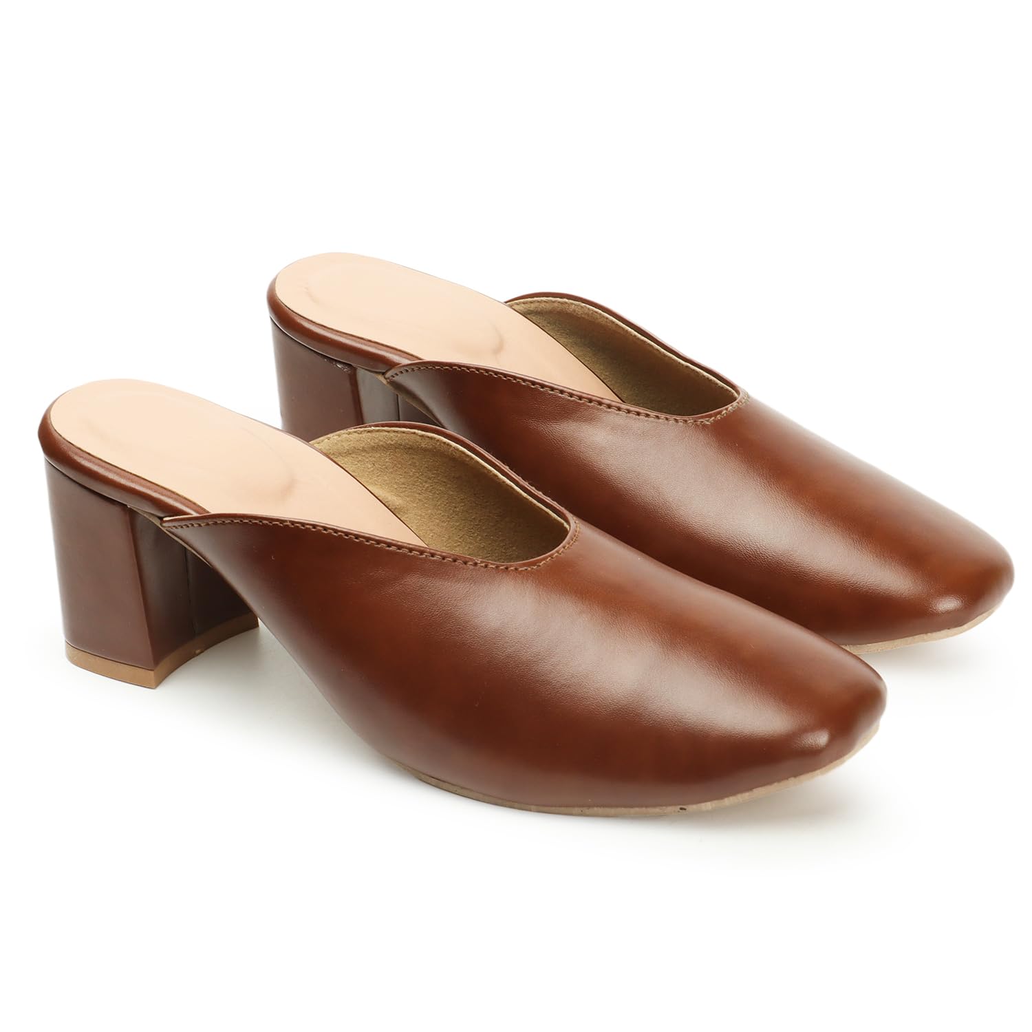austine Women's Brown Leather Mules, Pointed Toe Block Heel Slip-On Shoes-picture-35