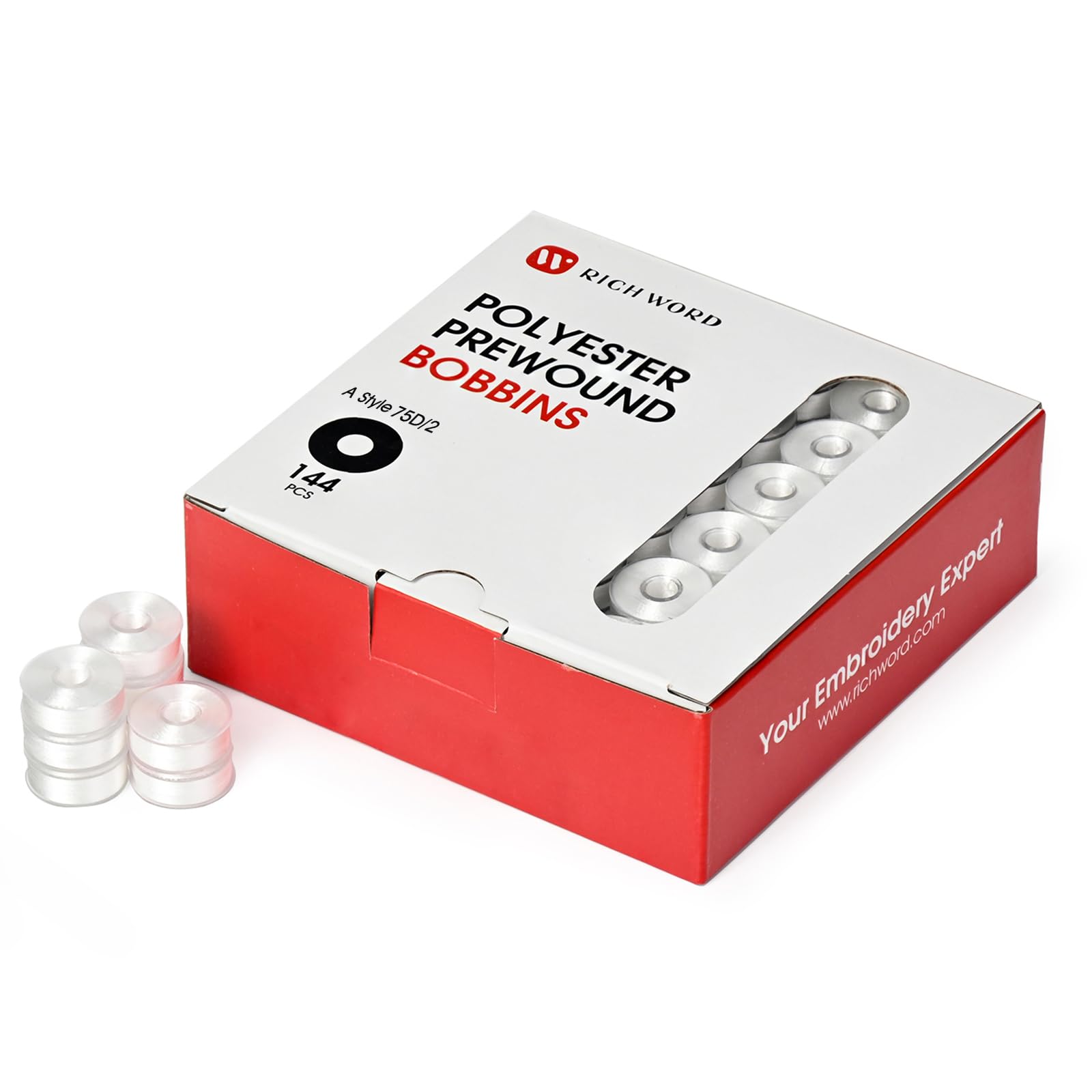 Richword Selected Prewound Bobbins, Plastic Sided, 144pcs Size L(SA155), 75D/2(60WT) Polyester Bobbin Thread for Commercial Multi Needles Embroidery Machine, White 110 YardsOEKO-TEX STANDARD 100