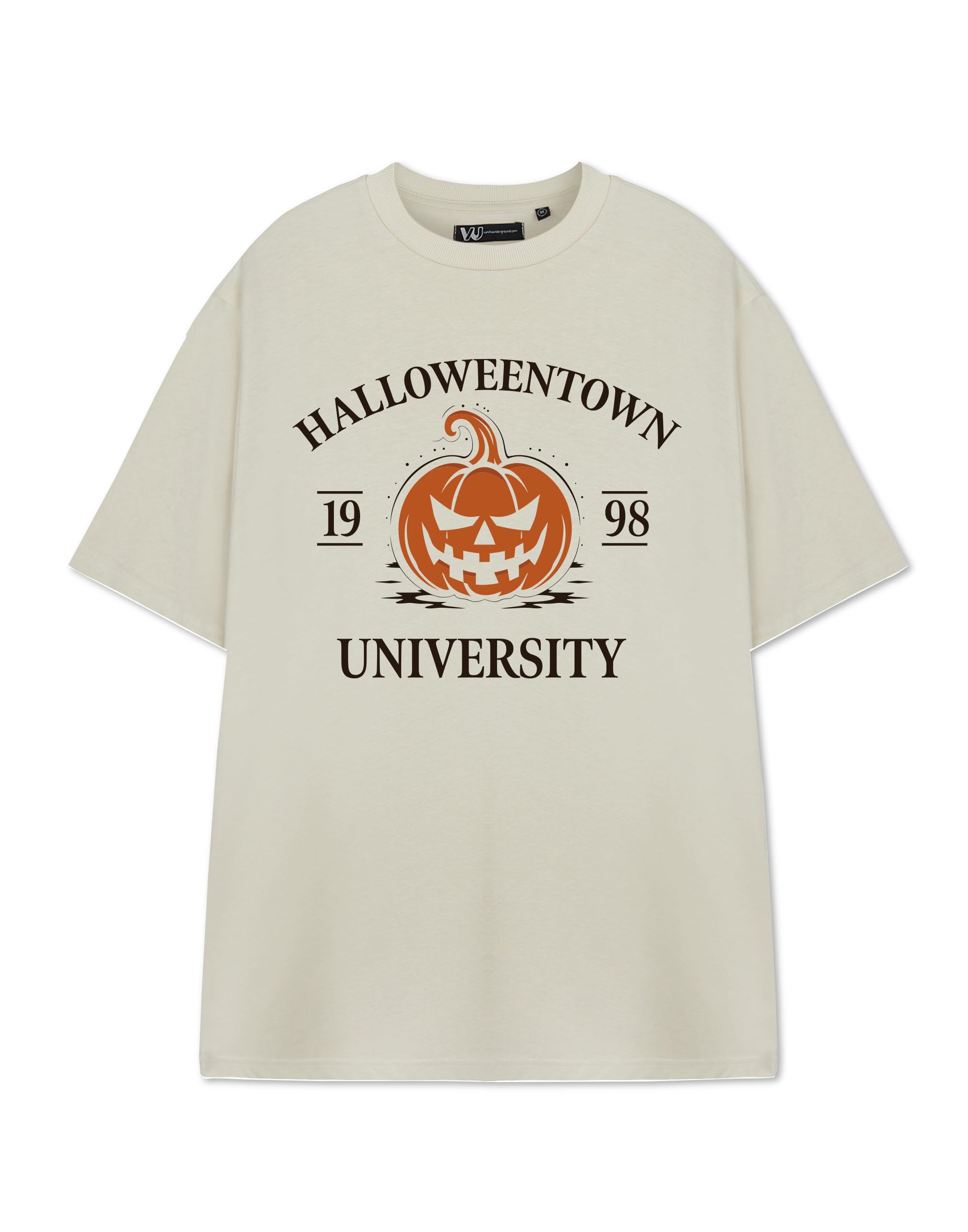 Vanilla Underground Women's Beige Halloween Town Graphic Tee | Short-Sleeved T-Shirt For | Spooky Town Theme | Autumn Fashion Top | Halloween Merchandise | Unique Gift Idea For Her