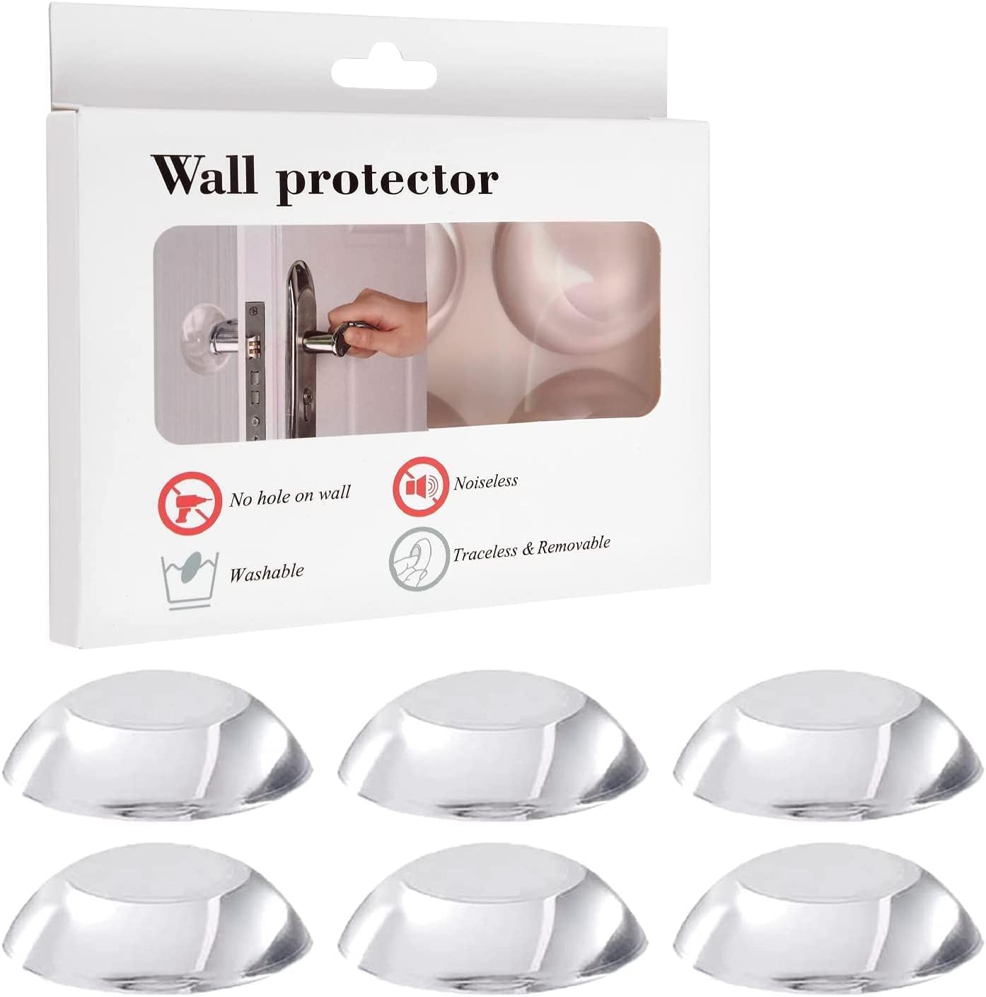 Qenixo Door Knob Wall Protector (Pack of 6) โ Transparent Self-Adhesive Rubber Bumper Pads for Wall Protection, Door Stopper, Noise Dampening, Reusable Shock Absorber for Home & Office