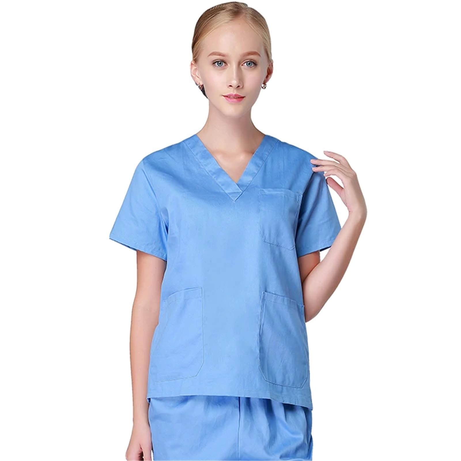 Uniformes Sanitarios Mujer Conjunto de Bata enfermería algodón for Mujer, Uniforme médico quirúrgico Hospital, Ropa Trabajo, Equipo Dentista clínica cirugía Sanitaria | Light Blue Short,XXL(70-75KG)
