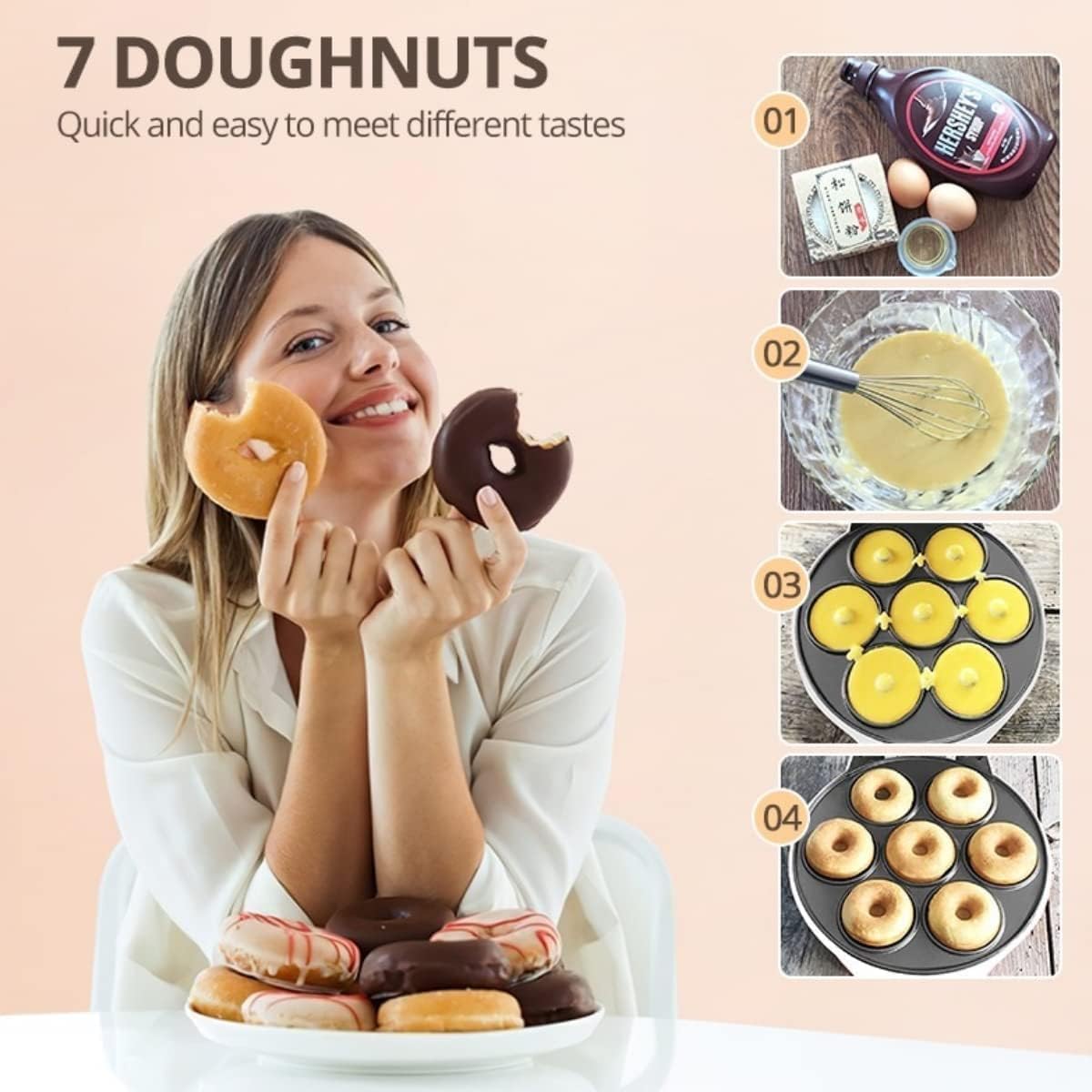 Fabater Maker Machine, Electric Non Stick Doughnut Maker, Toaster Donut Machine for Home Snacks Dessert with Non Slip Feet, Breakfast Maker, Baking Pan, Makes 7 Doughnuts
