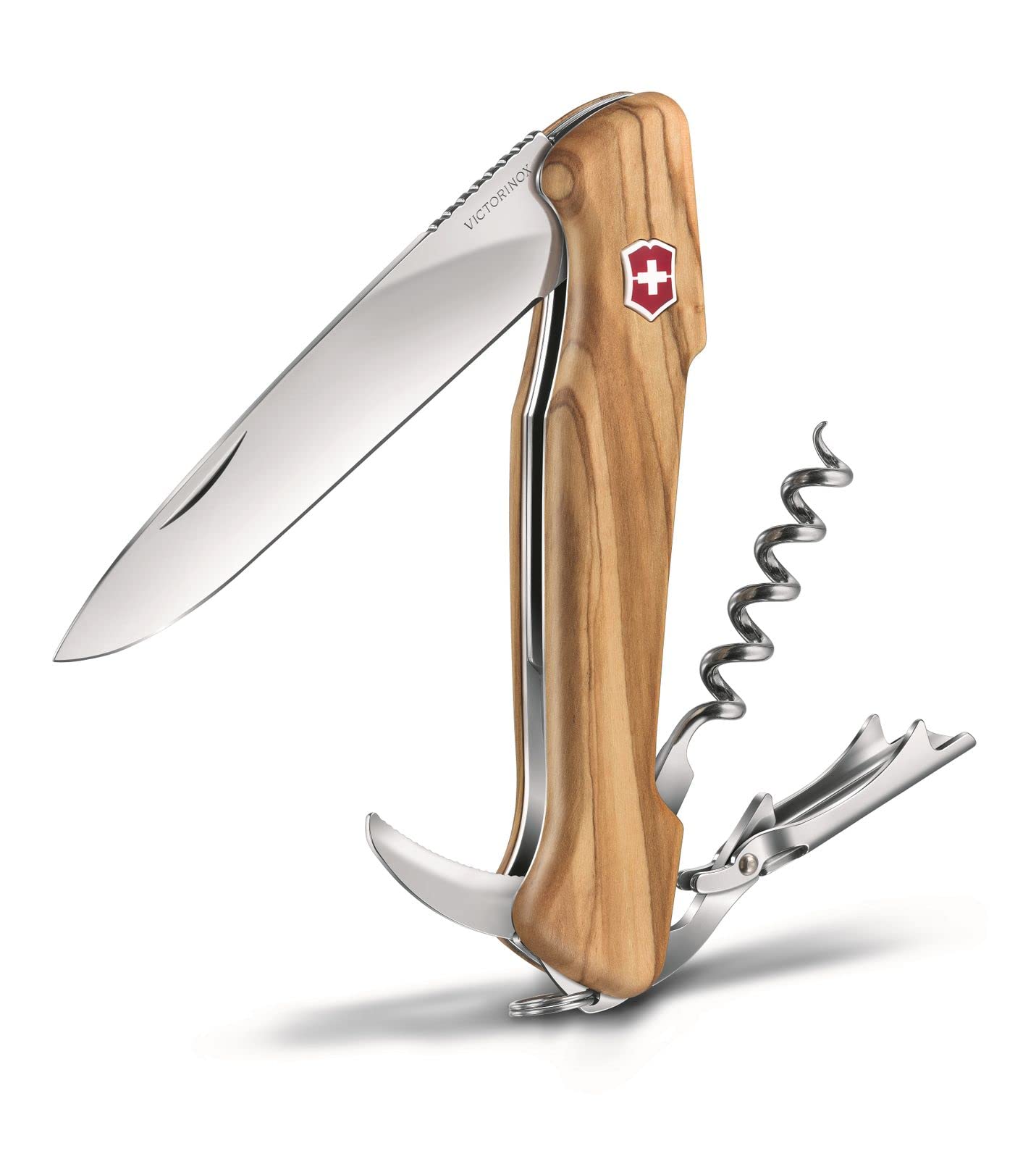 Victorinox Wine Master, Navaja suiza con mango de madera de olivo, funda de cuero y 6 funciones, incluyendo sacacorchos