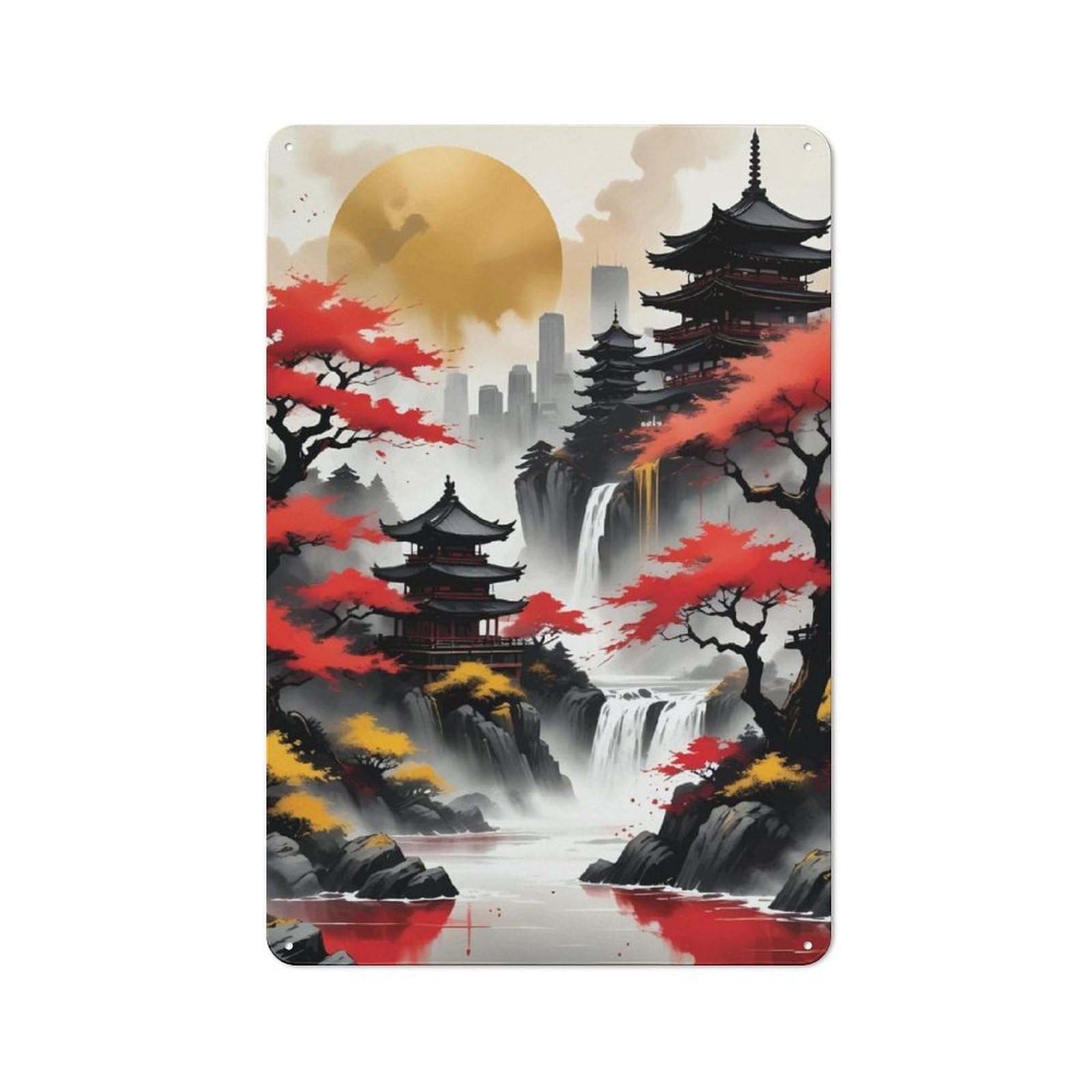 Junmoney Japan Landscape Ink Retro Metal Wall Sign 30X20cm For Guest Room Or Hallway, New-Space Wall Decor For Home Decor Collectors