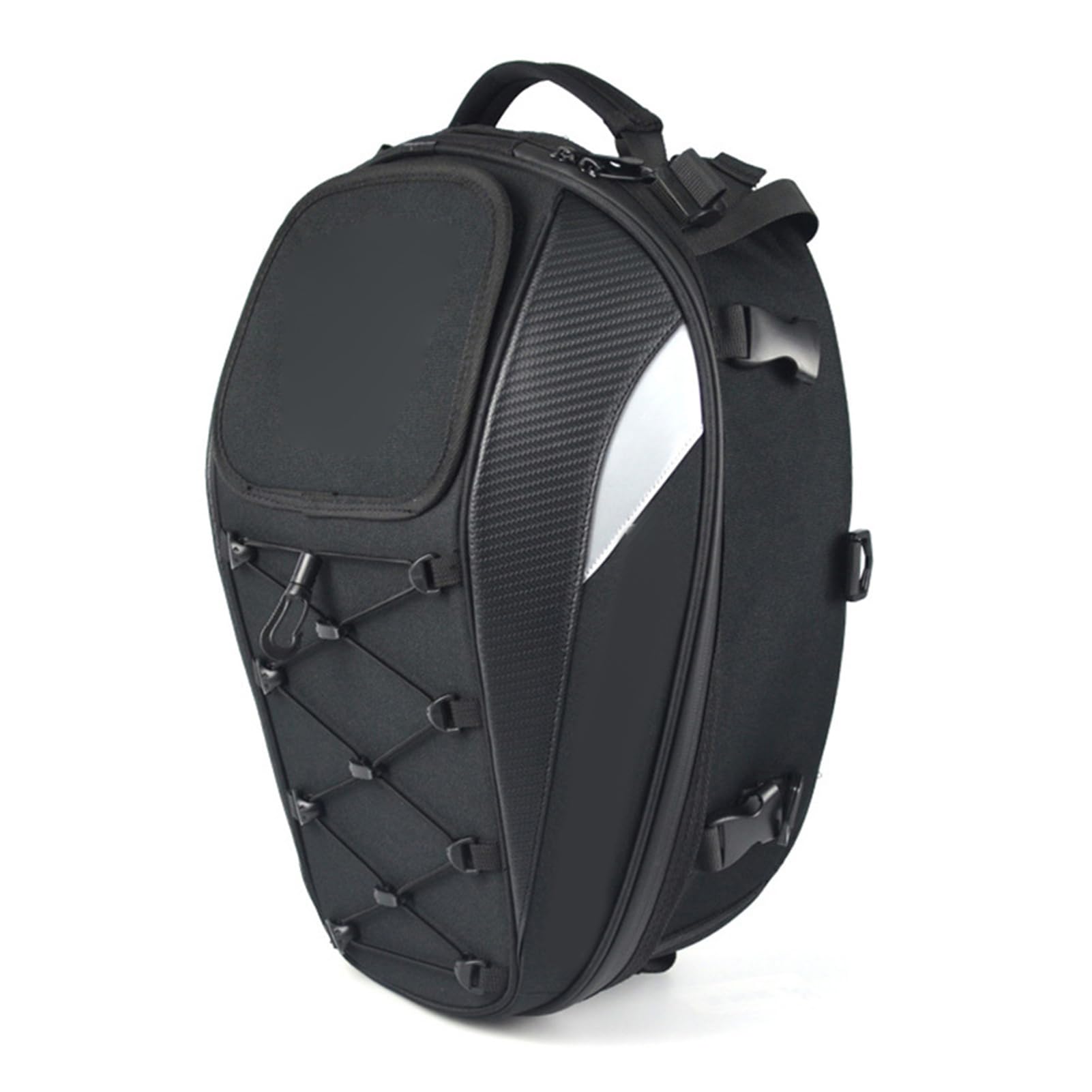 Domary Borsa Posteriore, Borsa da Sella, Zaino Multifunzionale con Strisce Riflettenti per Motociclisti e Pendolari, Scomparto Espandibile per Casco, Telefono e Chiavi. Dimensioni