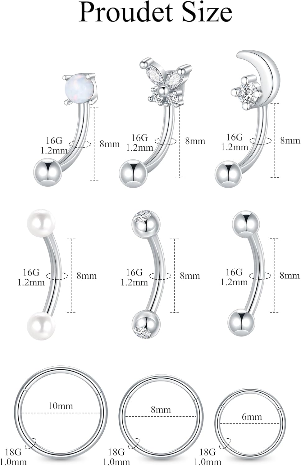 Oveta 9 PCS 16G Rook Eyebrow Piercing Jewelry Surgical Steel, 18G Nose Rings Hoop 6/8/10mm, Rook Earrings Eyebrow Rings Curved Barbell 8mm for Women Tragus Cartilage Daith Piercings, Silver/Gold - Image 2