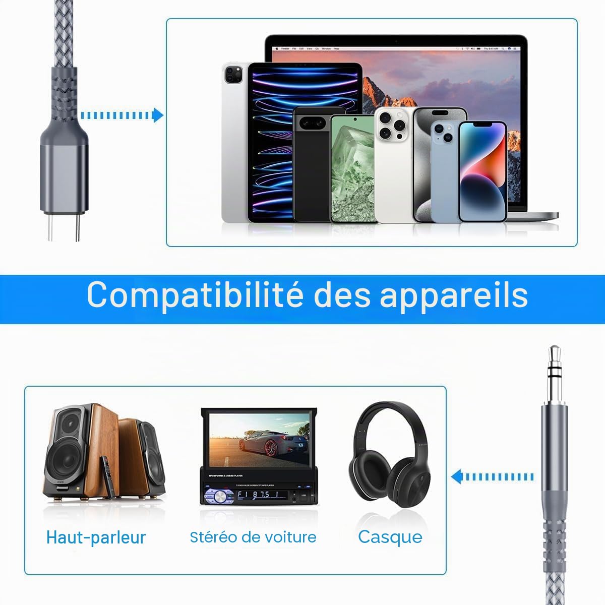 Elebase Câble USB C vers Jack 3.5mm 1.2M Adaptateur Audio pour iPhone 17 16 Pro Max, Samsung Galaxy S26 S25 S24