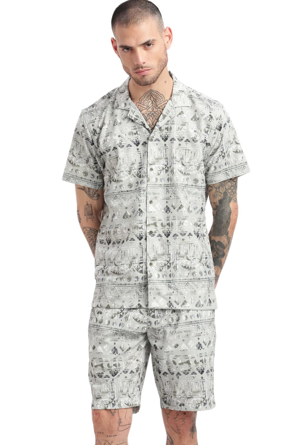 Men Geometric Two-Piece Co Ords | Cuban Collar Half Sleeves Cotton Co-Ords for Mens | Mid-Rise Relaxed Fit Knee Length Co-Ord for Men's-image-9
