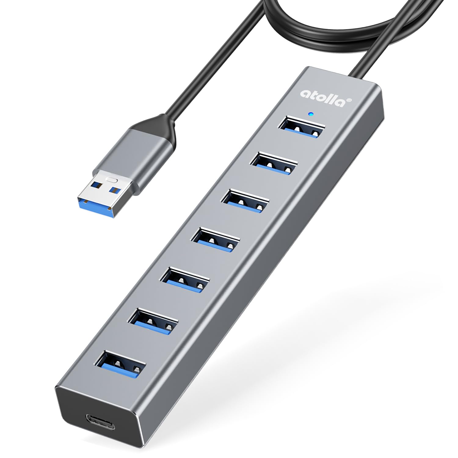 atolla USBハブ USB3.0 HUB 7ポート 100cmケーブル アルミニウム合金 USB3.0ハブ USB 拡張 ウルトラスリム 5Gbps超高速転送 軽量 追加5V/3A電力供給ポートWindows/Linux/Mac OS/Android/Chrome OS/PS4/MacBook等OSとPC対応 在宅勤務（グレー）