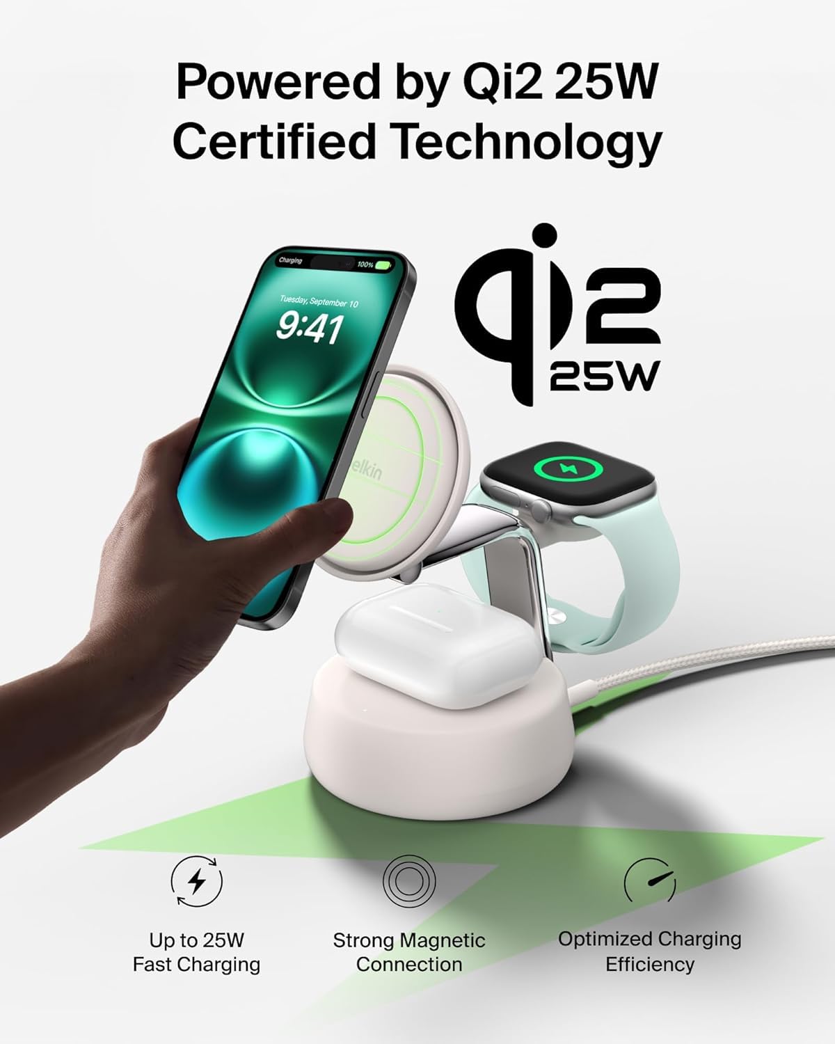 Belkin UltraCharge Pro - Stazione di ricarica wireless da 25 W, 3 in 1 Qi2.2 Certificato MagSafe Caricabatterie compatibile per iPhone 17, Air, Apple Watch, AirPods, Pixelsnap, con ventola di