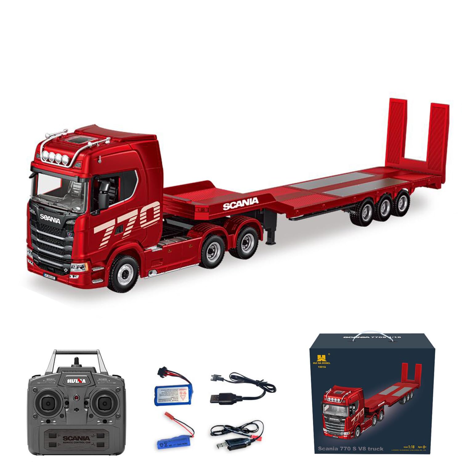 Trattore con Rimorchio a Pianale in Plastica a 3 Assi 770S 1/18, Modello Finito Pronto all'Uso (RTR) con Luci, Effetti Sonori e Batteria