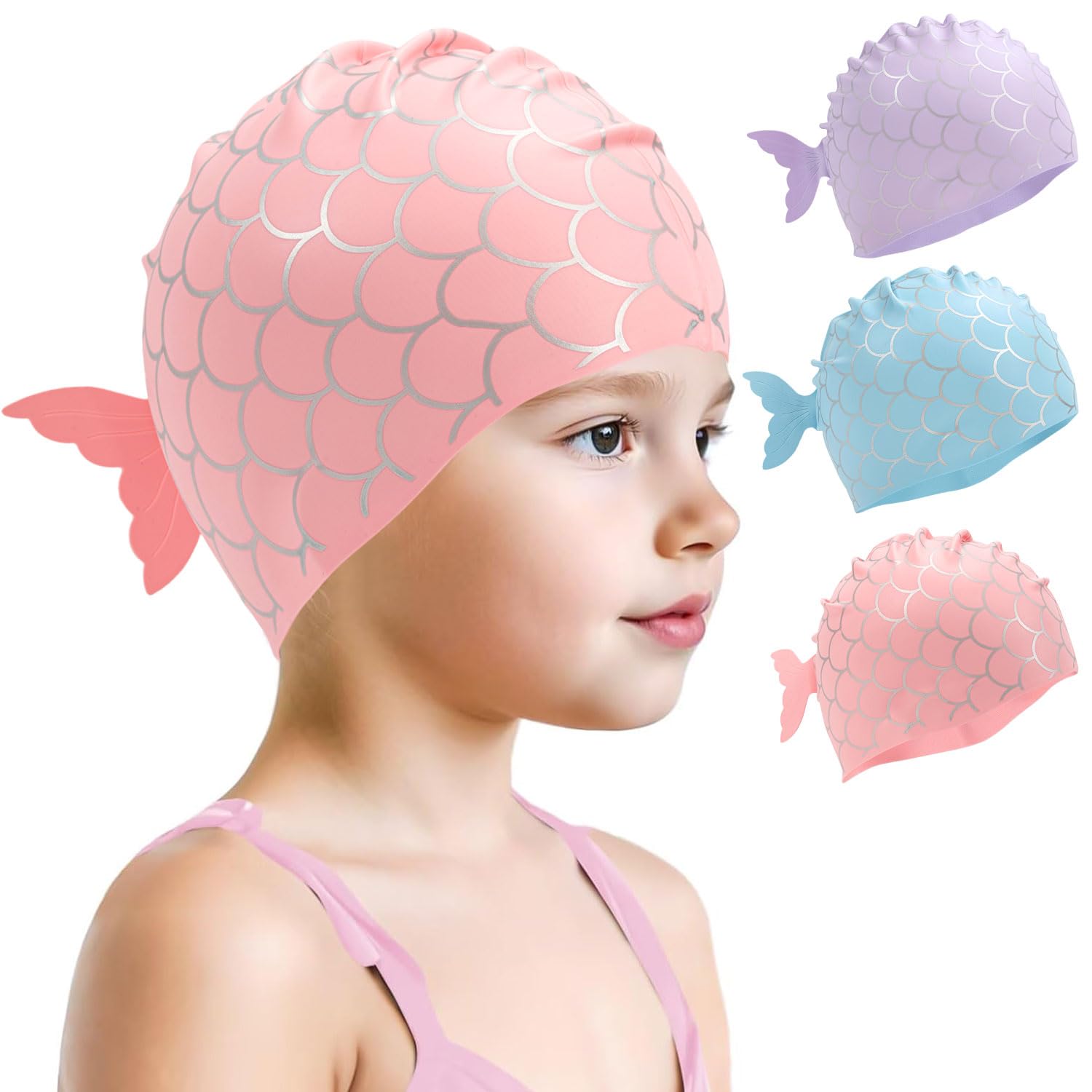 3 Pack Swim Cap Kids, Silicone Swimming Caps for Girls, Cartoon Mermaid Fish Tail Kids Bathing Caps for Long Hair and Short Hair