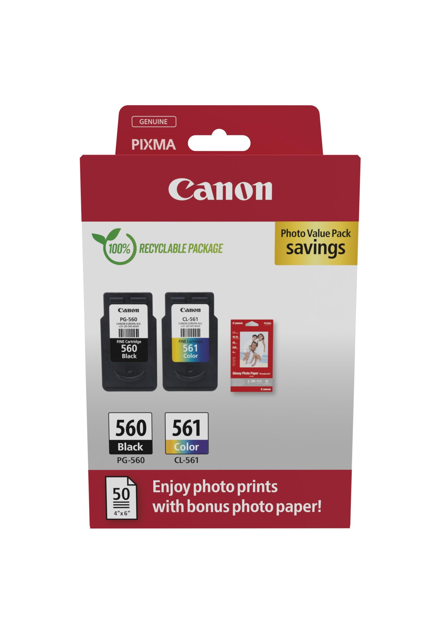Canon PG-560 CL-561 Pack de 2 cartouches (1x Noir 1x Couleur) Certifié Canon + 50 feuilles Papier Photo Canon 10x15cm (Emballage Carton Sécurisé)