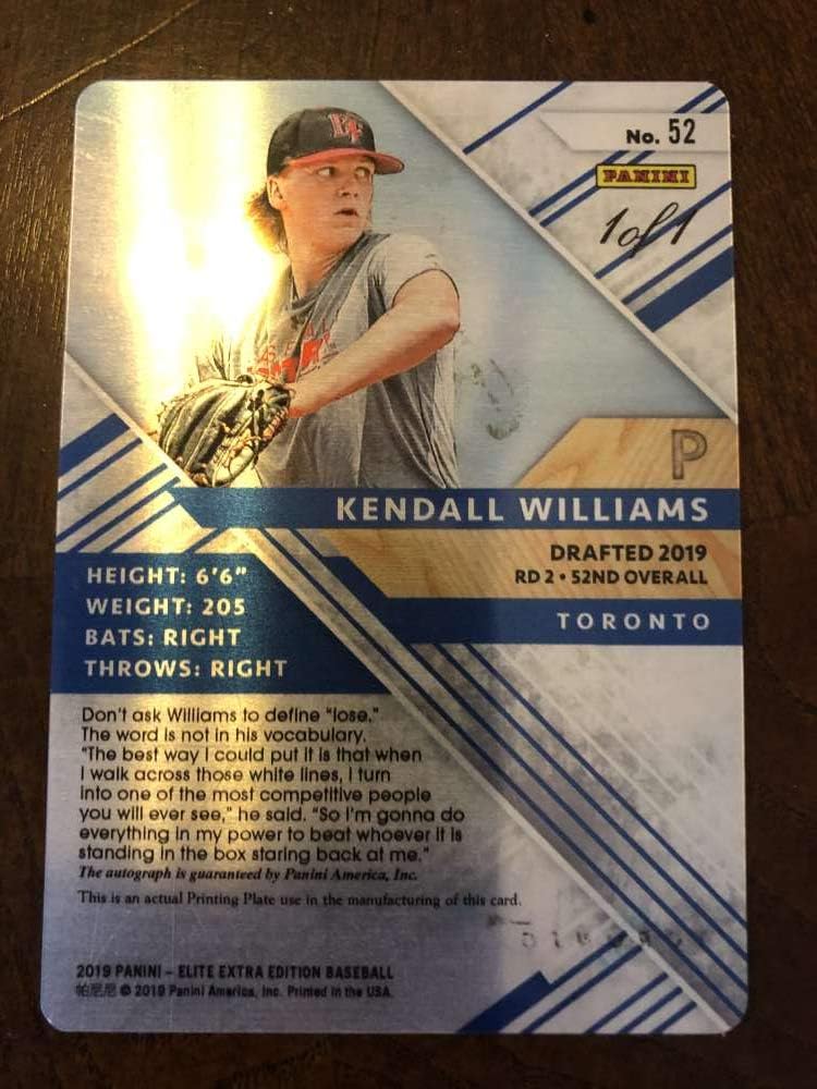 2019 Elite Extra Edition EEE Autographs Printing Plates Cyan #52 Kendall Williams Auto SER1 Toronto Blue Jays Official Collegiate Panini Baseball Card