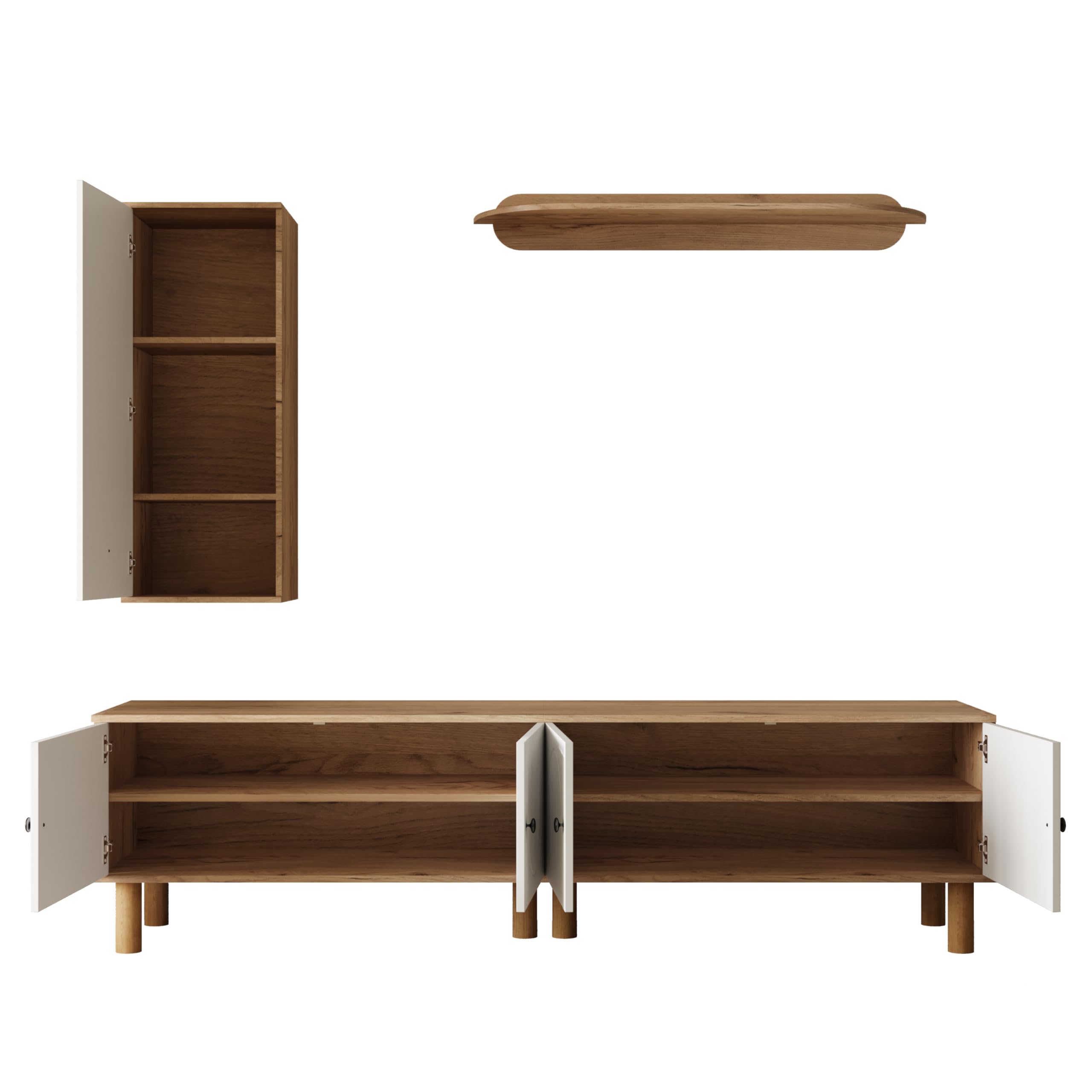 3 piezas, pared de salón, lo mejor de: Highboard, armarios, tablero de pared. Paneles de puerta tallados blancos y de madera.