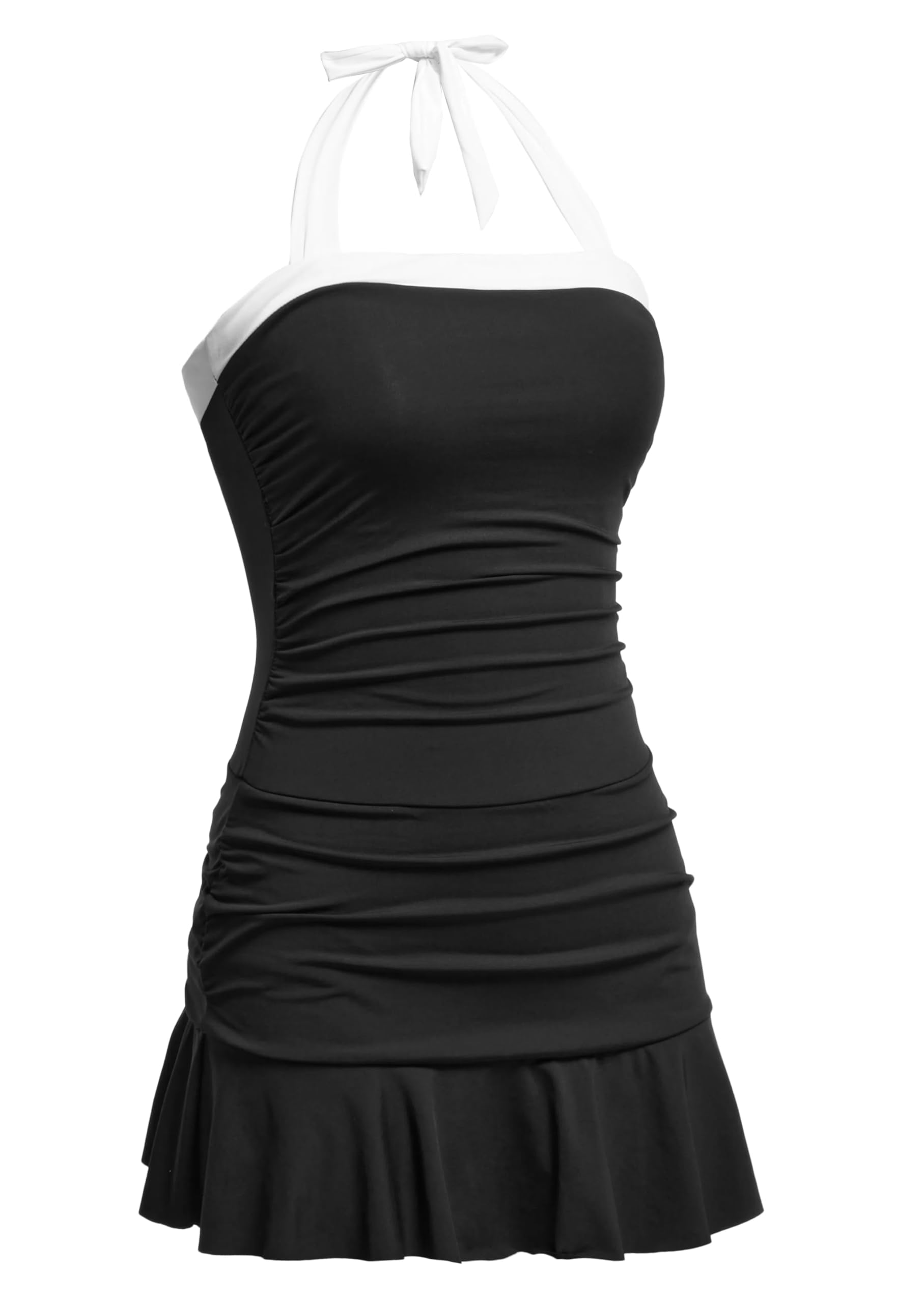 Women Black and White One Piece Swim Dress - Tummy Control
