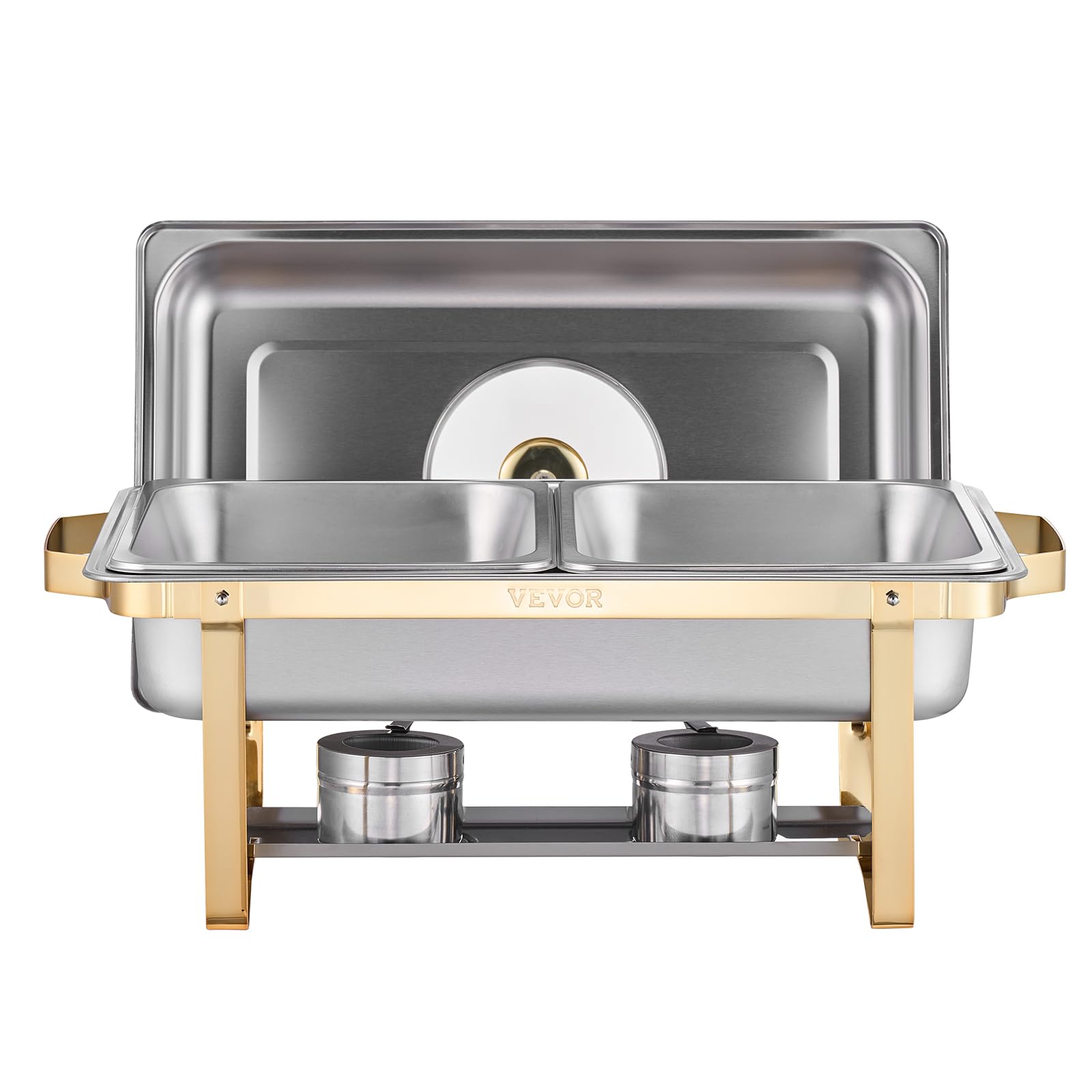 VEVOR Juego de Calentador de Alimentos Acero Inoxidable con 4 Recipientes Tamaño Medio(4 L Cada Uno), Rectangular, con Tapa Vidrio y Soporte a Bandeja de Agua y Depósito de Combustible, Dorado