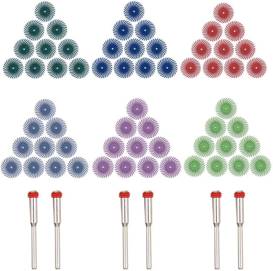 60pcs 1 inch Radial Bristle Disc Kit with 1/8" Shank, GOXAWEE Rotary Tool Accessoires with 3mm Mandrels for Polishing, Abrasive Brushes Wheel in 6 Grit 80/120/220/400/600/1000