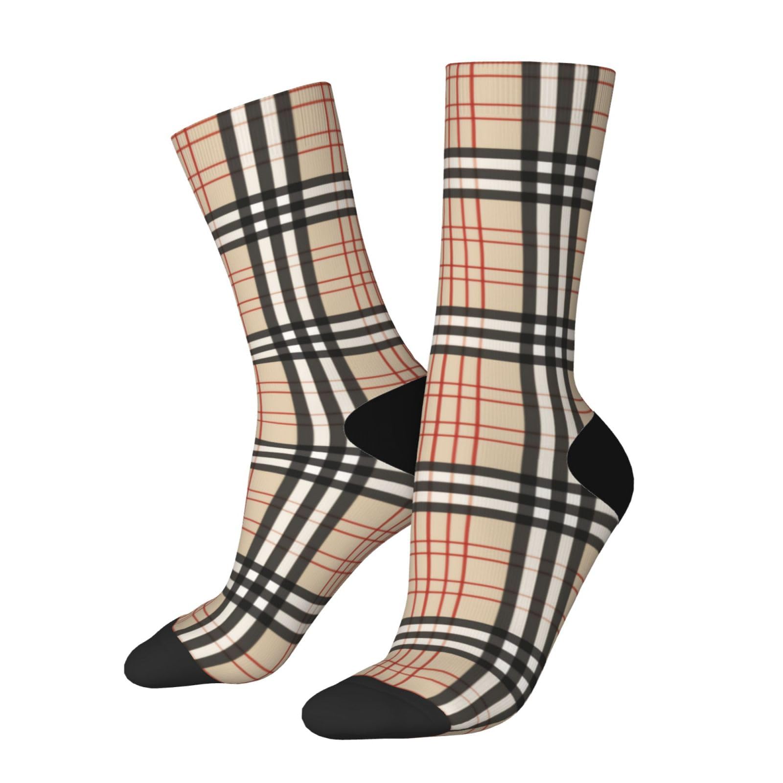 Peiyeety Unisex As Pic Beige Plaid Tartan Checkered Crew Socks For Men/Women Gifts, Novelty Casual Dress Socks 2 Black-2