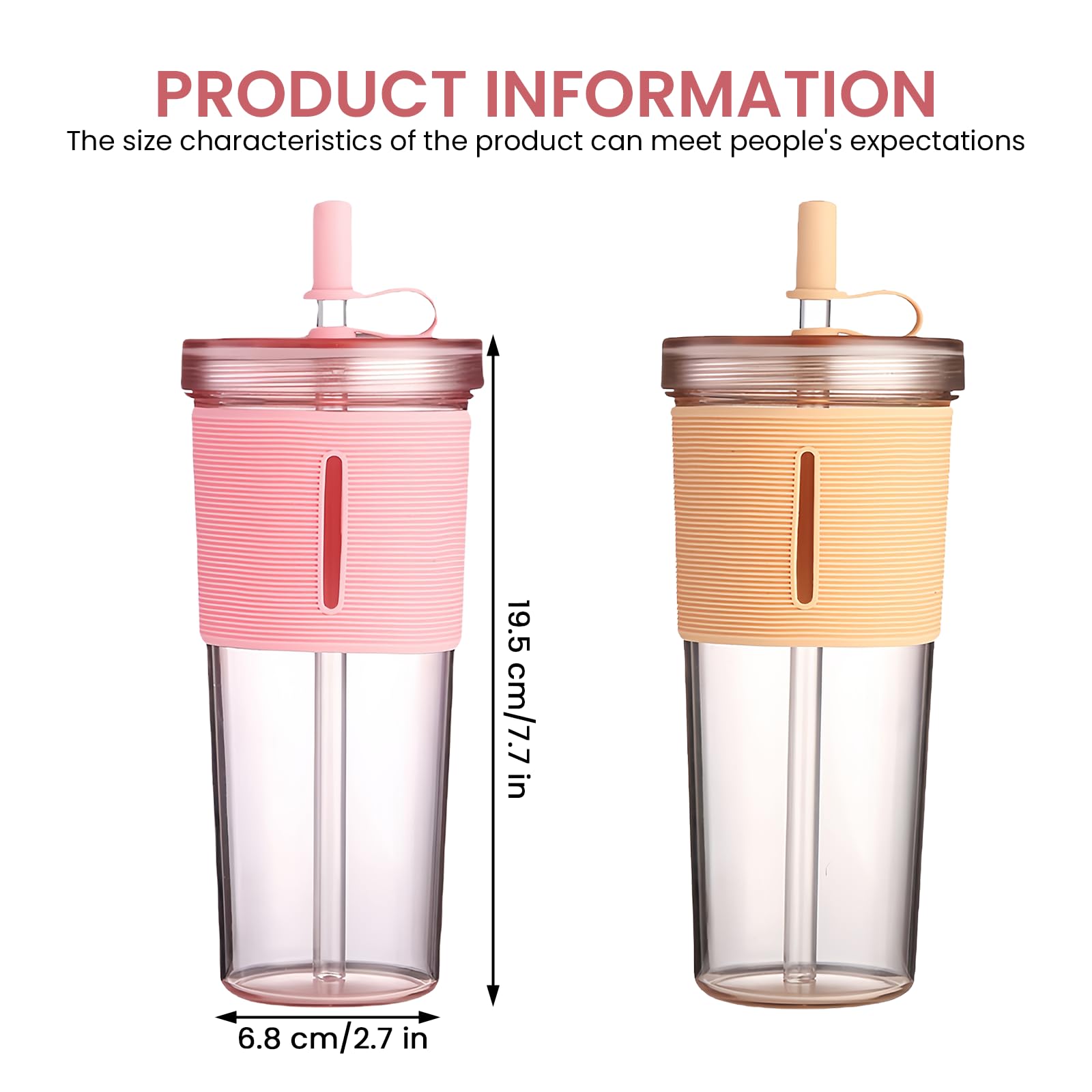 Bicchiere da 710 ml con coperchio e cannuccia, 2 bicchieri da tè con cannuccia, bicchieri di plastica con coperchio, bicchieri con paglia, per smoothie, per caffè freddo, tazza (rosa, cachi)