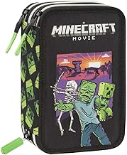 MINECRAFT Astuccio Scuola 3 Zip con Corredo, 20 x 13 x 7 cm, Set Completo 48 Pezzi, Nero/Verde