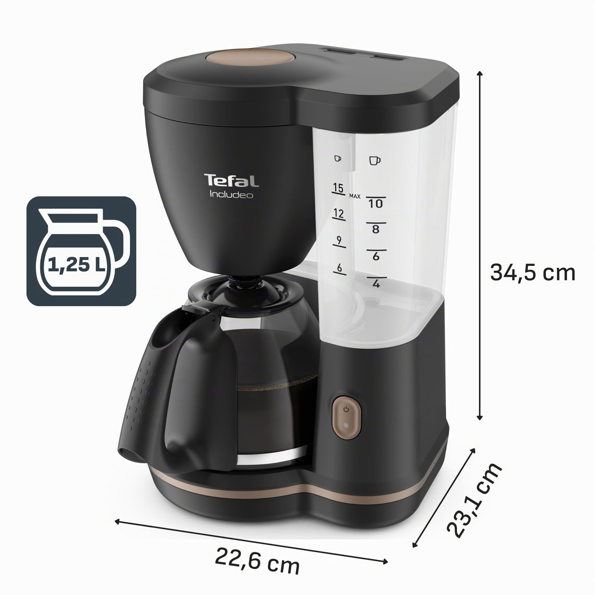Tefal Includeo Filterkaffeemaschine, extrem einfach zu bedienende Kaffeemaschine, geeignet für Rechts- und Linkshänder, automatische Deckelöffnung, 1,25 l, 10 bis 15 Tassen, CM533811
