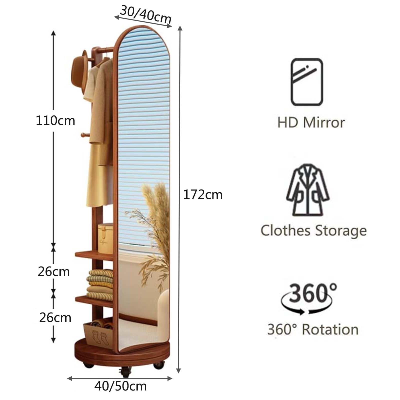 Espejo de Longitud Completa y Perchero 2 en 1, Espejos de Suelo con Ruedas, Giratorio de 360°, Espejo de Cuerpo Entero para Sala de Estar, Dormitorio, Pasillo