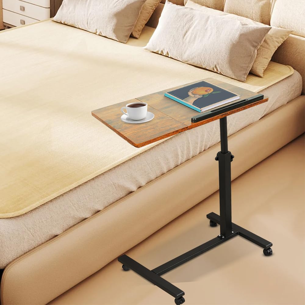 LANTUS Bureau d'Ordinateur, Table de Bureau, Bout de canapé avec 4 roulettes Verrouillables Table de Lit, Idéal pour Lit et Fauteuil, Plateau,60 x 34,5 x 58/90 cm (Cerisier)