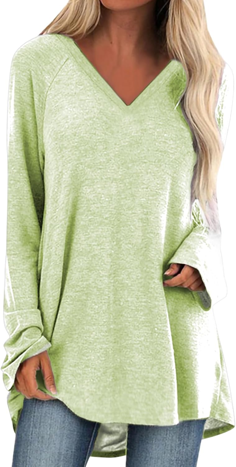 MARSVOVO Trendy Long Sleeve Shirts for Women Lightweight Plus Size Tunic V Neck High Low Baggy Casual Tops