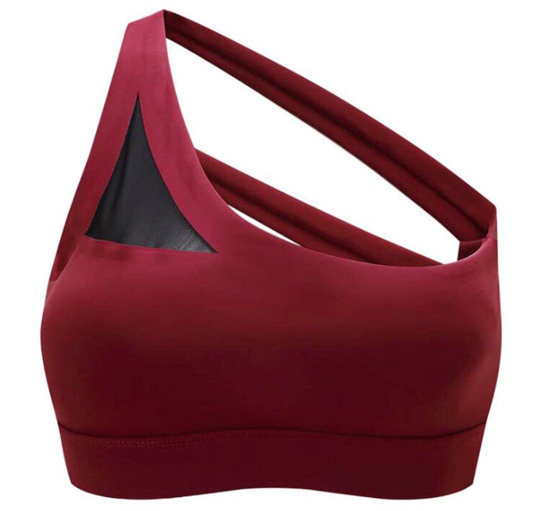 One Shoulder Sports Bra for Women Pads Insert Sexy and Breathable Racerback Gym, Yoga and Running Bra High Impact Wine Red