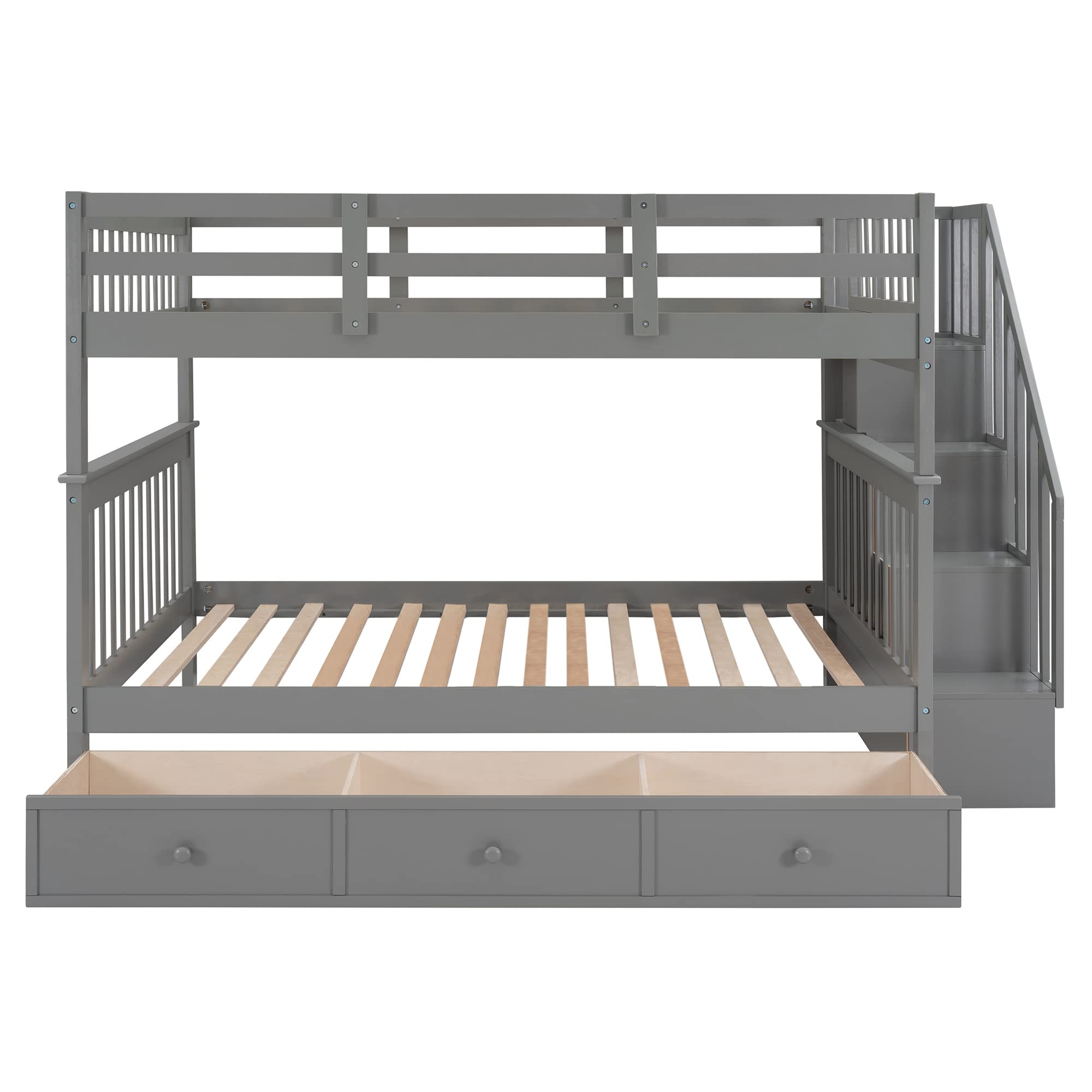 Bunk Bed with Drawer,Stairway Full-Over-Full Bed Frame with Drawers, Storage Shelves and Full-Length Guard Rail for Boys Girls Bedroom,Can Be Divided (Grey) ((BOX 2 of 3 ONLY)