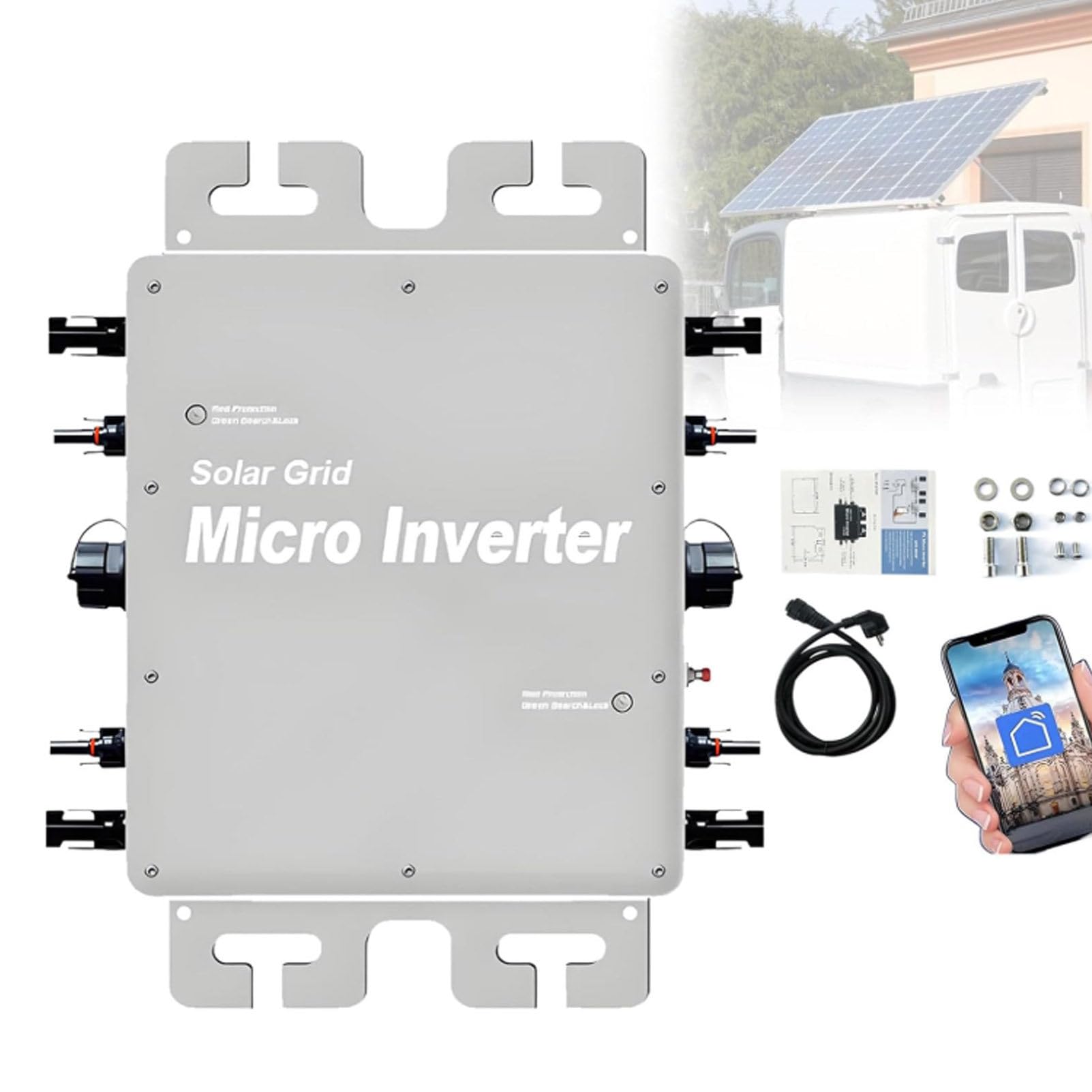 Mikroinwerter MPPT, mikroinwerter solarny typu grid-tie, sterowanie przez Wi-Fi, chłodzenie pasywne, wodoodporność IP67, obudowa ze stopu aluminium (do montażu na dachu/na zewnątrz) Silver-2000W