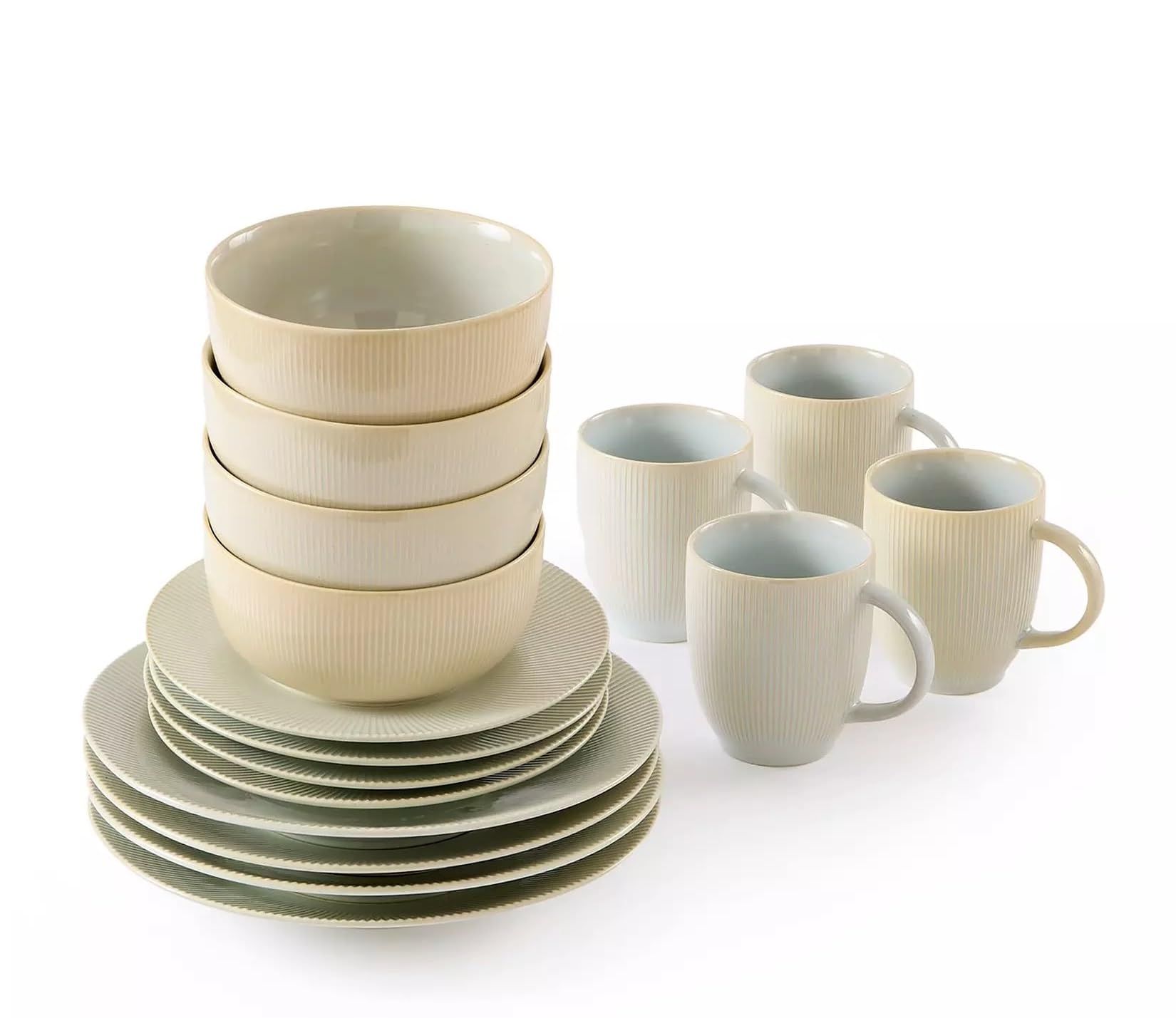 Waterside 16pc Reactive Glaze Porcelain Dinner Set Cream; 4 Dinner Plates, Side Plates, Deep Bowls & Mugs - Dishwasher & Microwave Safe