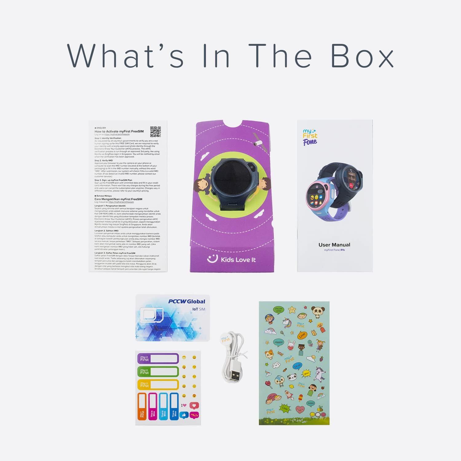 Contents of the myFirst Fone R1s box, including the smartwatch, a user manual, a SIM card, a charging cable, and decorative stickers.