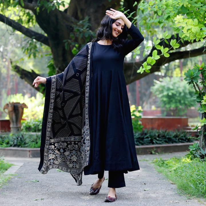 Toochki Women's Rayon Regular Ethnic Kurti Set (Toochki279-Krn/S_Black