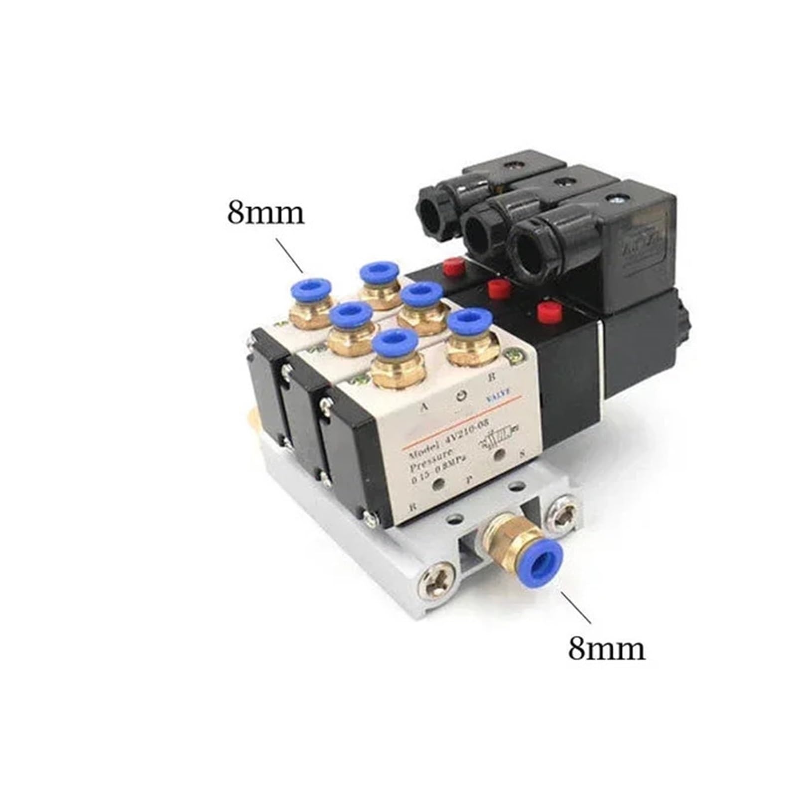 Bloque de electroválvula neumática 4V210-08, 12/24 V CC, 110/220 V CA, opción múltiple, con Base de Montaje y colector de 2/3/4/6 vías(3 Position 8mm Fitting,AC220V)