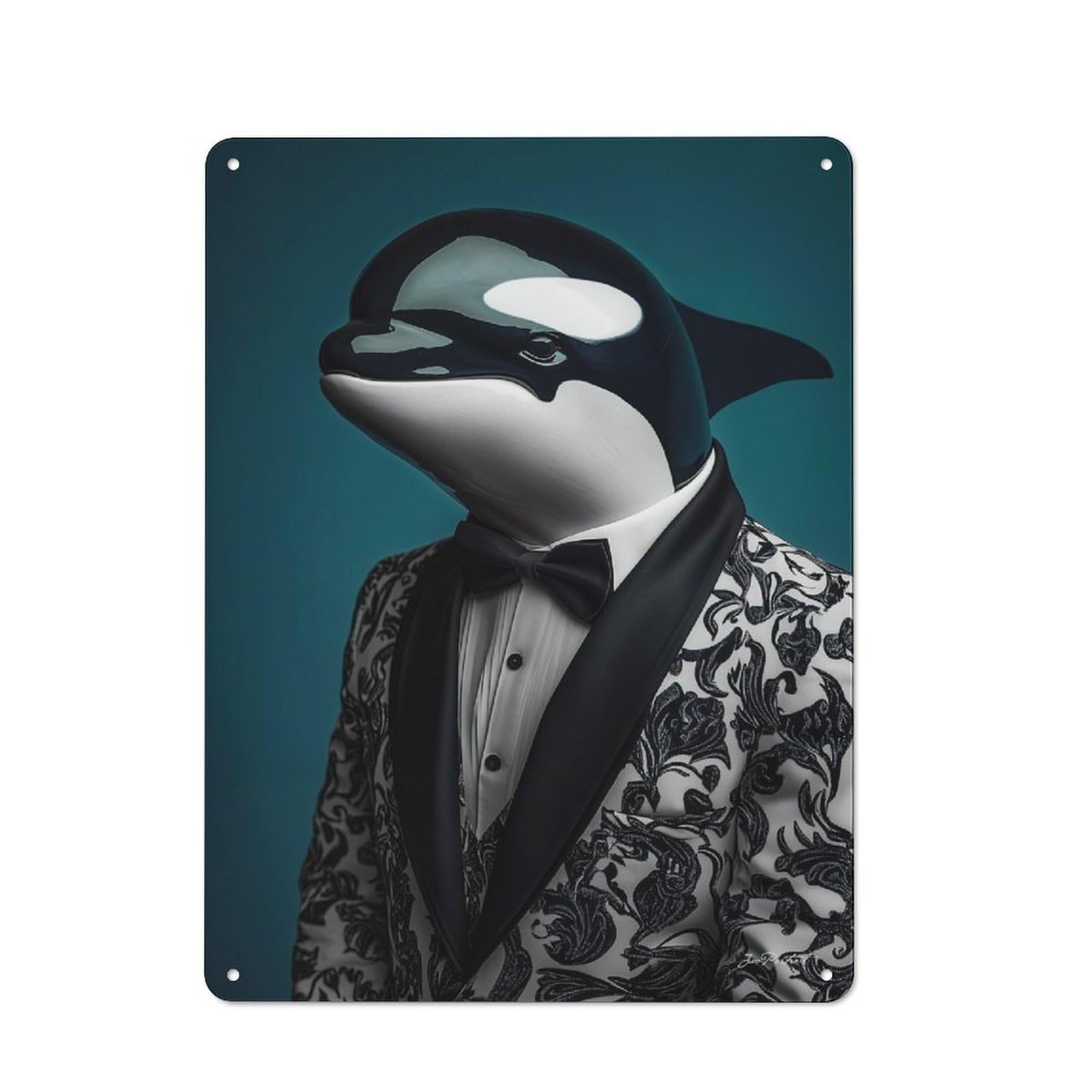 Junmoney Portrait Of The Orca In Suit Rustic Metal Wall Sign 40X30cm For Café Or Restaurant, Gift Idea At Christmas For Café Owners And Decorators