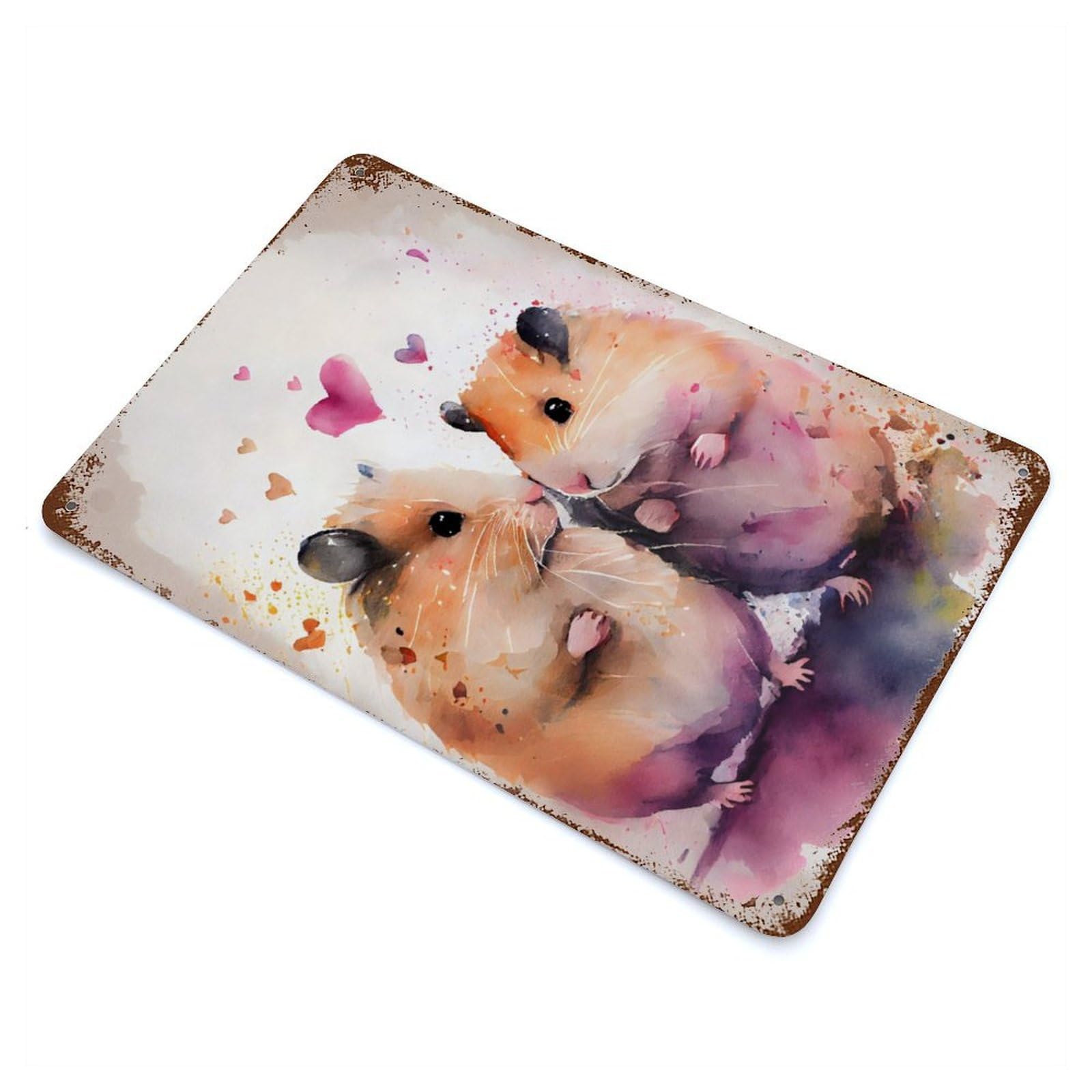 Rust Effect Hamster Couple Watercolor Rusty Metal Tin Sign 11.8"x7.9", Rustic Home Decor for Living Room, Hallway And Home Decor