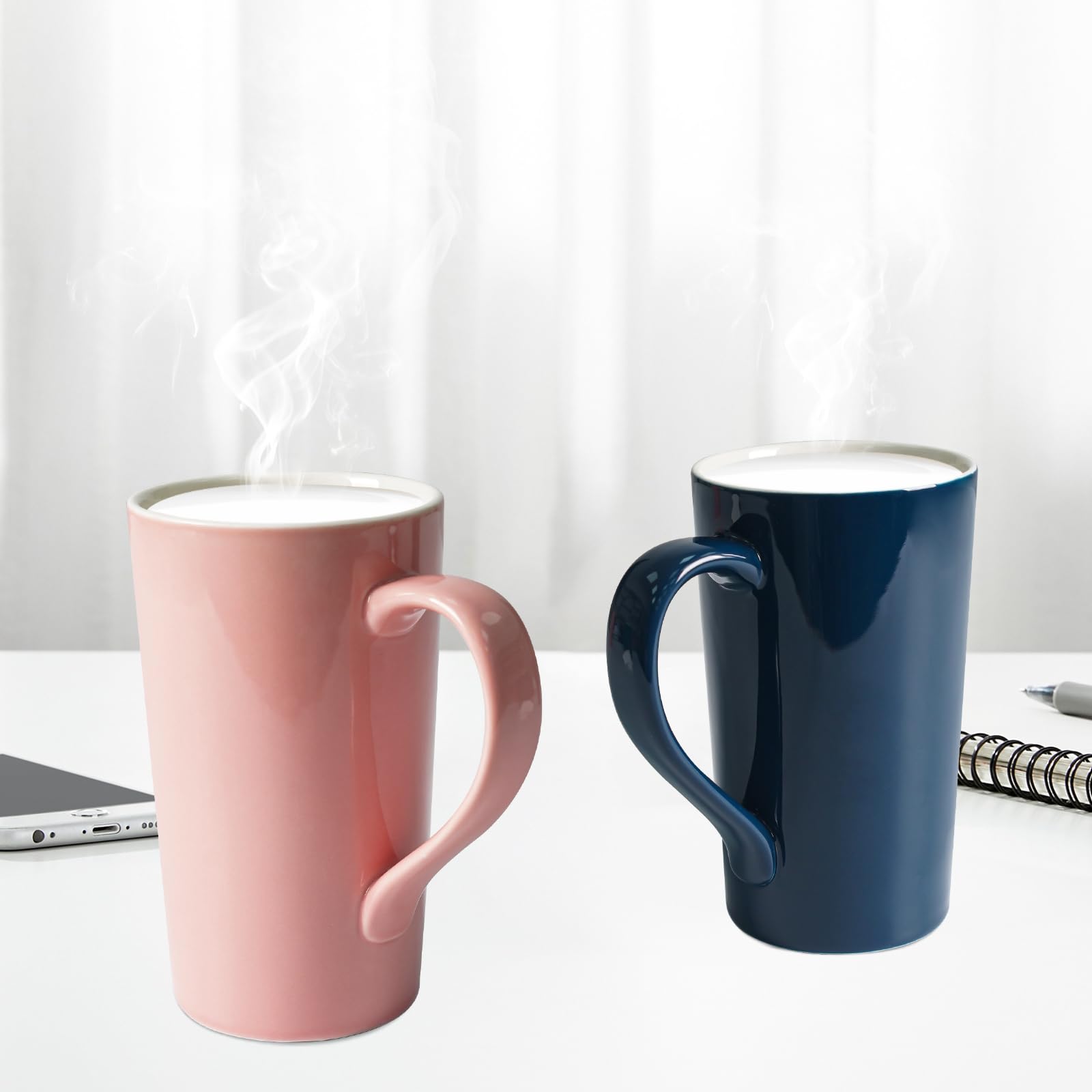Taza simple de 20 onzas de color rosa y azul puro (juego de 2) taza de café con leche grande y alta de cerámica con asa como regalo para papá, mamá, amigos, 2 unidades