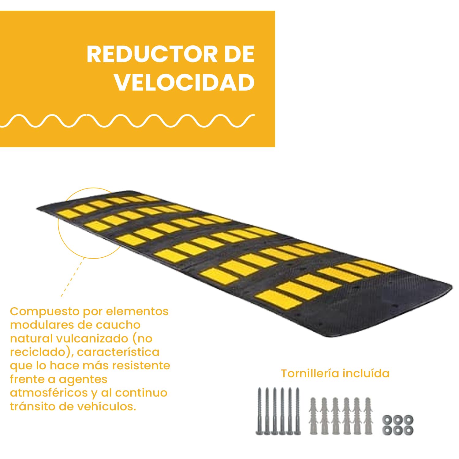 PARKING FACIL | Banda Reductora de Velocidad Vial de Caucho | Badenes para Garajes, Aparcamientos, Carretera, Almacenes | Incluye Tornillería | Instalación Completa 1 Unidad Tamaño 5 x 90 x 50 cm