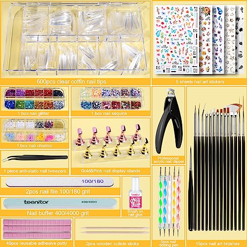 Teenitor Press On Nail Kit - Clear Coffin Nail Tips, Art Brushes, Dotting Pen, Glitter, Stickers & Rhinestones - Image 3