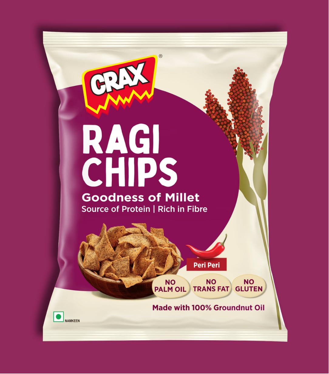 Crax Ragi Chips - Peri Peri, 70g | Goodness of Ragi | Spicy Crunch, Protein-Packed | Healthy & Tasty Snack | Spicy Tadka |Crunchy Chips & Snacks | Social Gatherings, Fun Snack | Crunchy Gourmet Snacks for Parties, Drinks, Tea & Coffee | 100% Vegetarian
